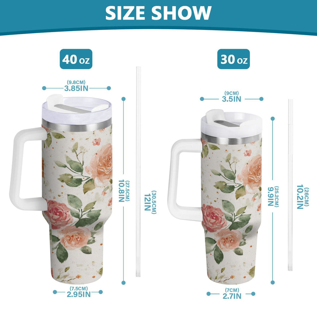 40 oz Insulated Stainless Steel Tumbler Double Wall Stainless Steel Tumbler with 2-Way Drinking Watercolor Rose Floral Pattern 48QI