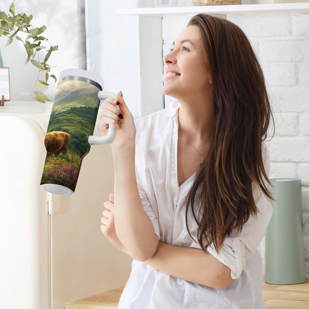 30 oz Insulated Stainless Steel Tumbler Double Wall Stainless Steel Tumbler with 2-Way Drinking Cow in Green Rolling Hills Q5MV