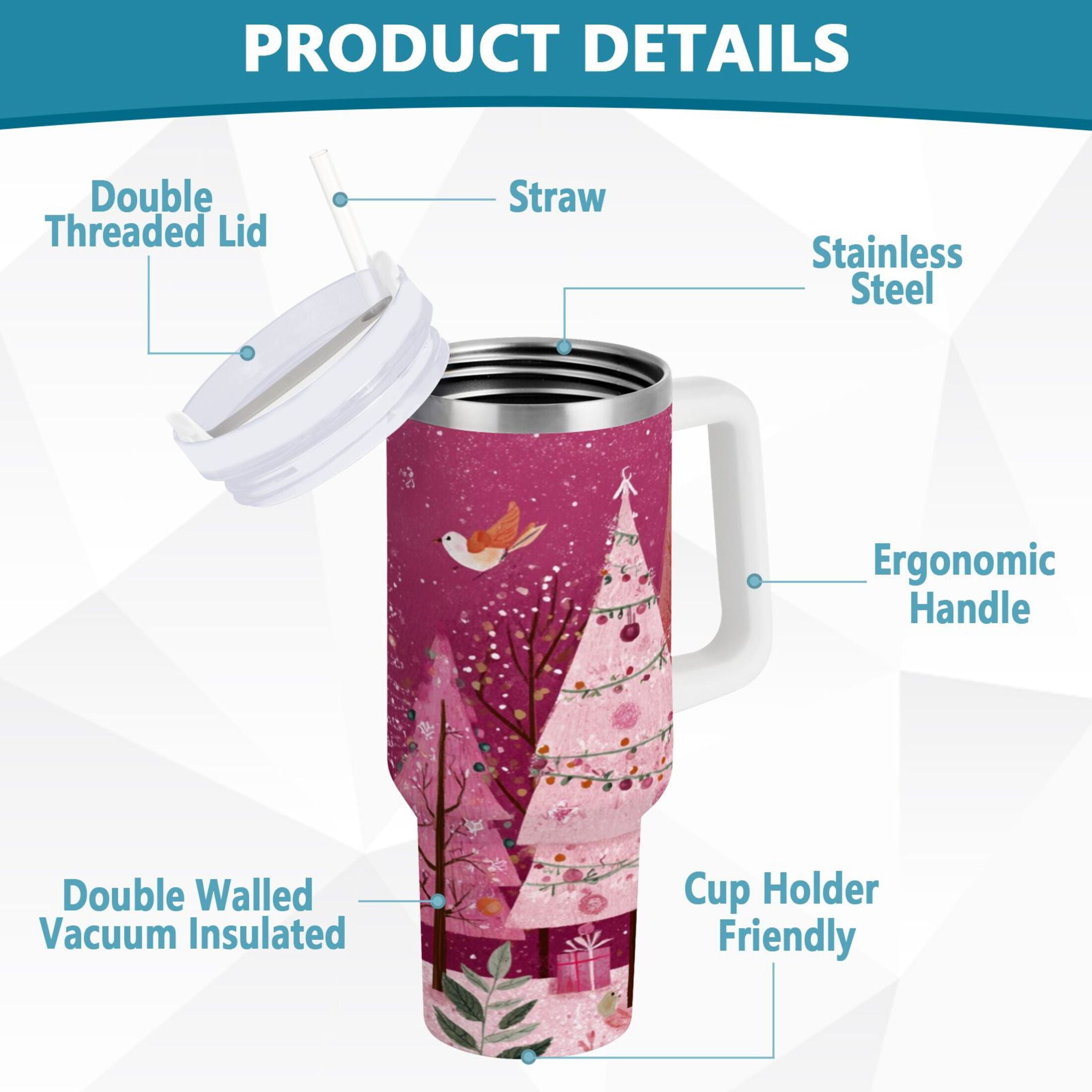 40 oz Insulated Stainless Steel Tumbler Double Wall Stainless Steel Tumbler with 2-Way Drinking Pink Christmas Forest K92E