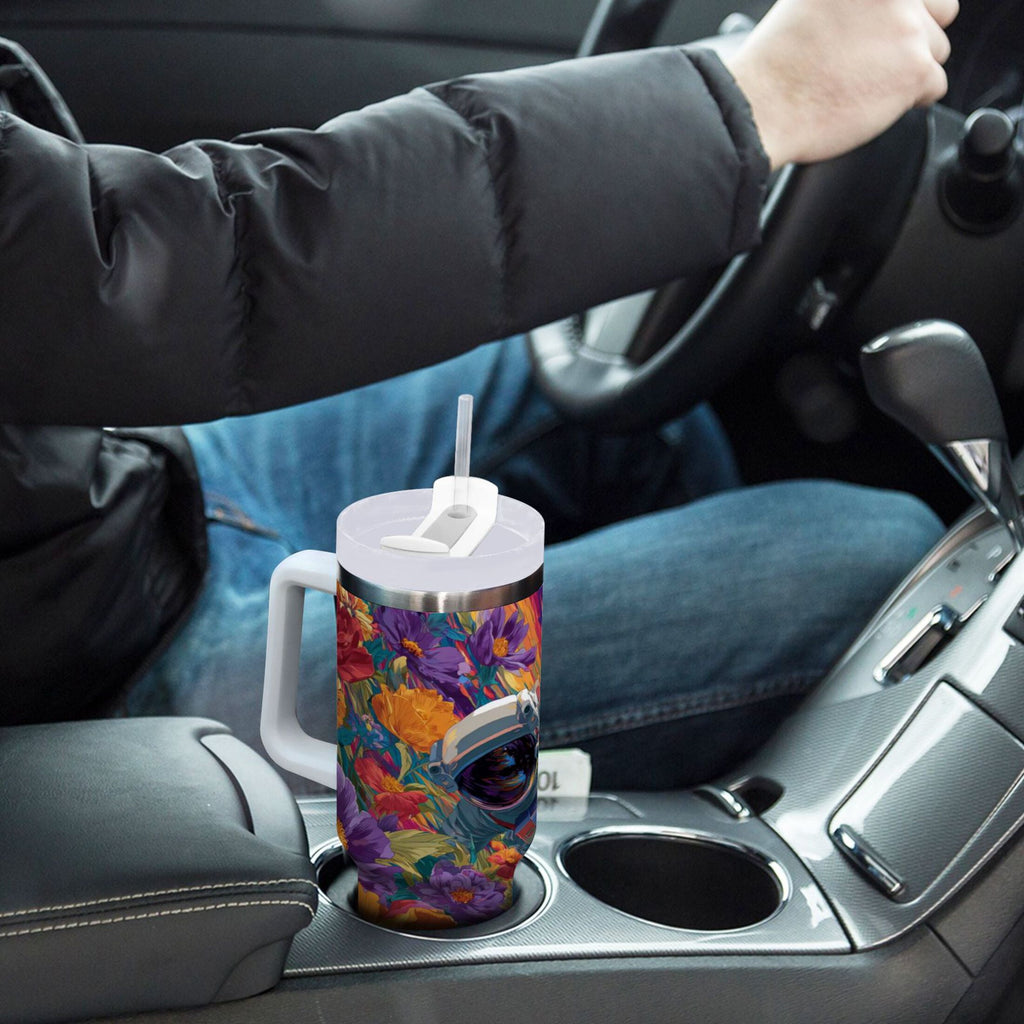 40 oz Insulated Stainless Steel Tumbler Double Wall Stainless Steel Tumbler with 2-Way Drinking Colorful Flowers and Planets 9J5M