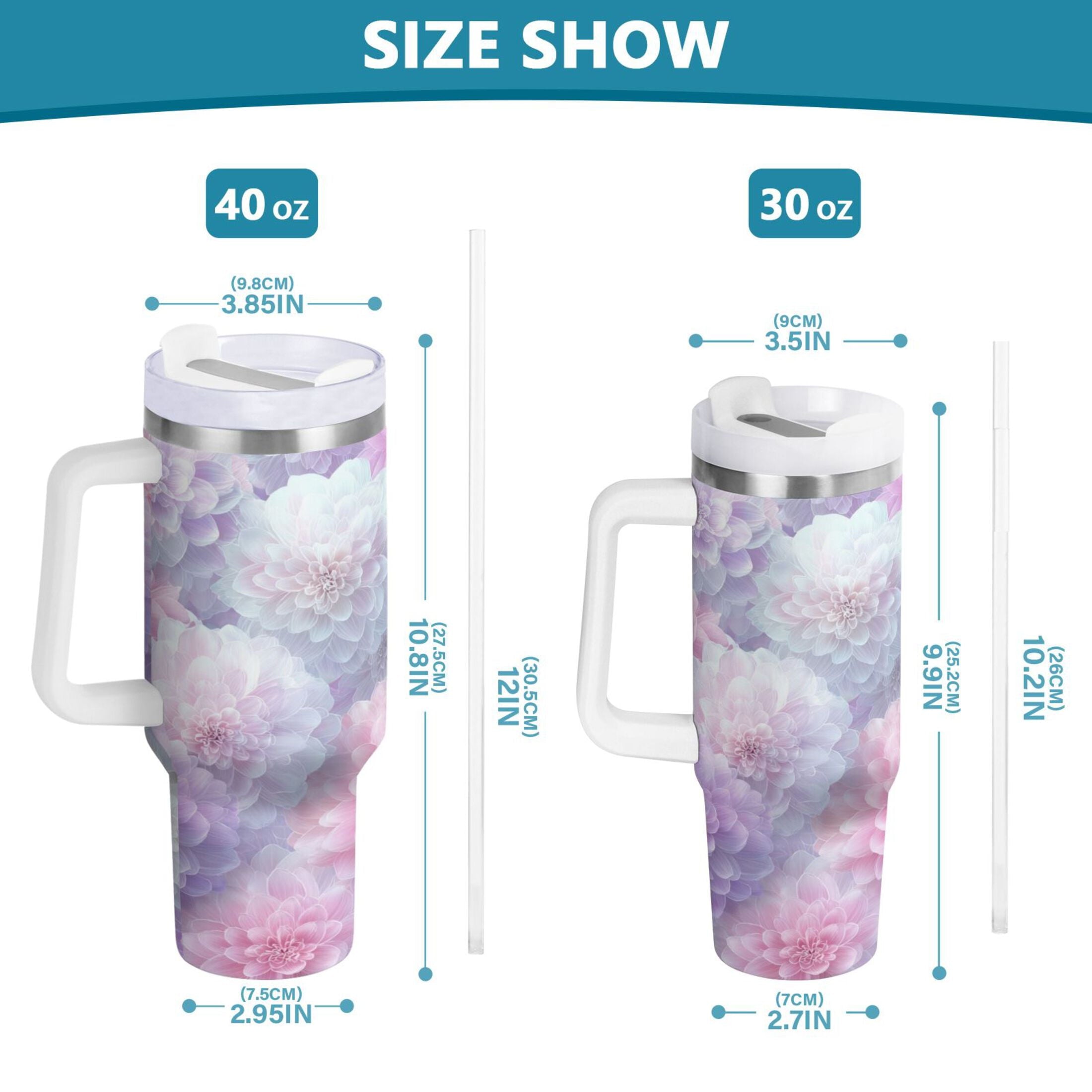 30 oz Insulated Stainless Steel Tumbler Double Wall Stainless Steel Tumbler with 2-Way Drinking Cute Pastel Watercolor Floral 4SBH