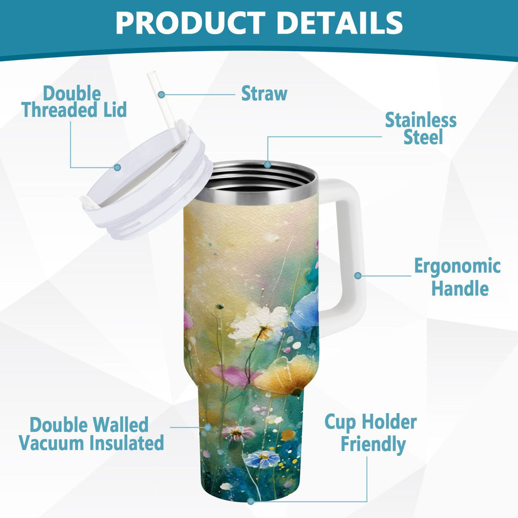 30 oz Insulated Stainless Steel Tumbler Double Wall Stainless Steel Tumbler with 2-Way Drinking Watercolor Wildflowers TQQX