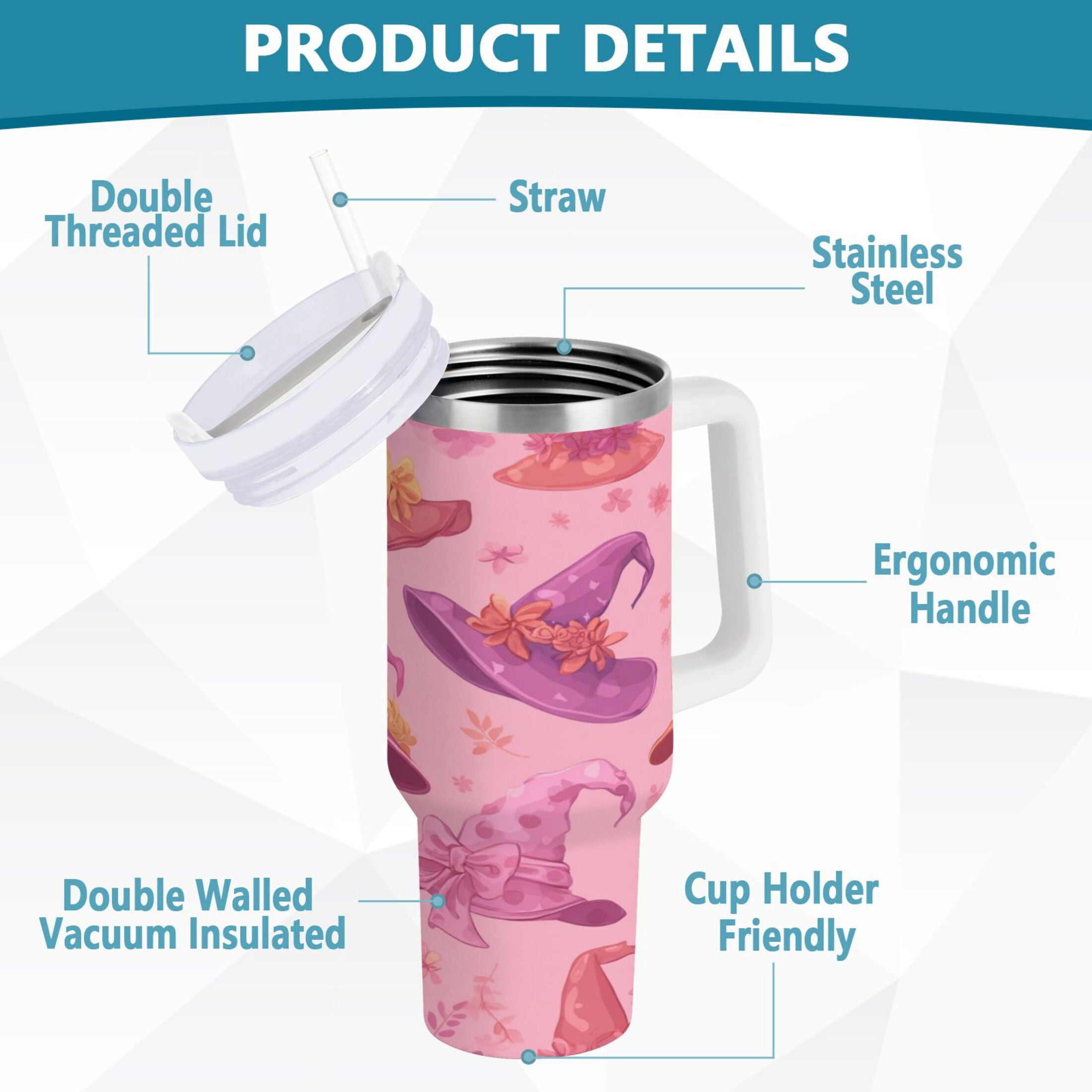 30 oz Insulated Stainless Steel Tumbler Double Wall Stainless Steel Tumbler with 2-Way Drinking Colorful Hat Pattern 7QTZ