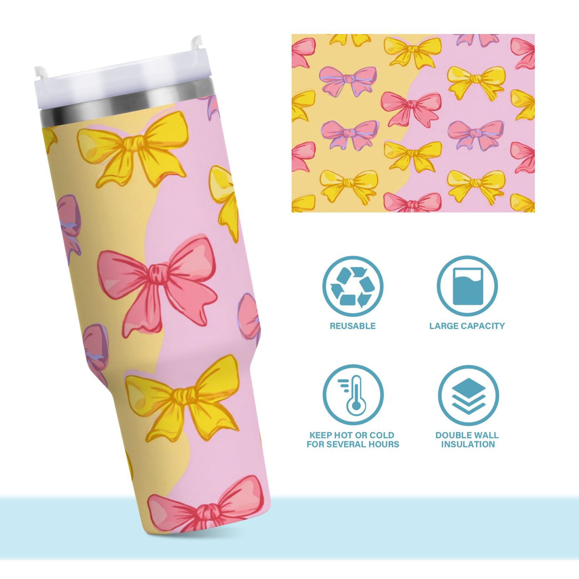 30 oz Insulated Stainless Steel Tumbler Double Wall Stainless Steel Tumbler with 2-Way Drinking Yellow and Pink Bows RW6H