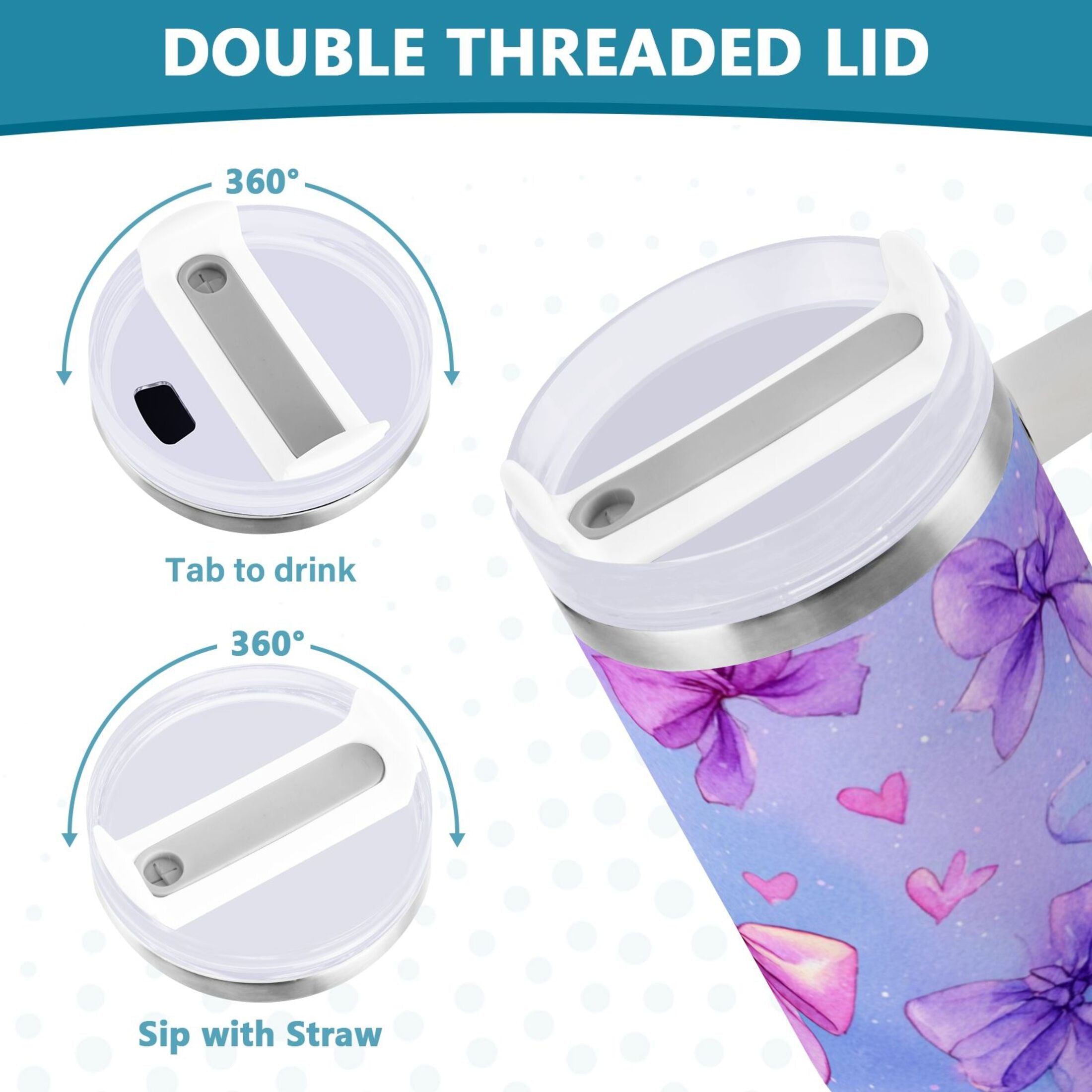 30 oz Insulated Stainless Steel Tumbler Double Wall Stainless Steel Tumbler with 2-Way Drinking Watercolor Bows Pattern CILF