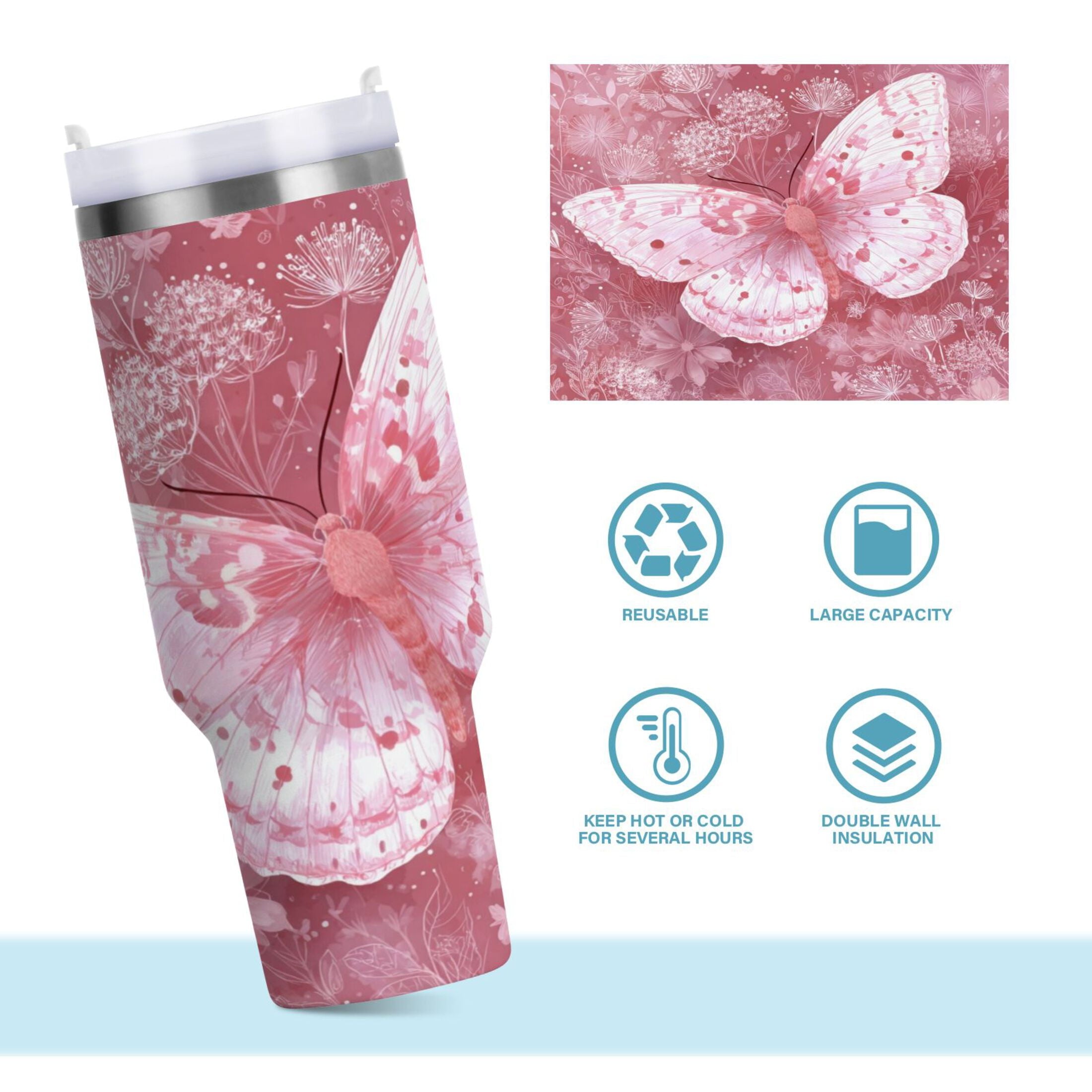 30 oz Insulated Stainless Steel Tumbler Double Wall Stainless Steel Tumbler with 2-Way Drinking Soft Pink Butterfly YX8K