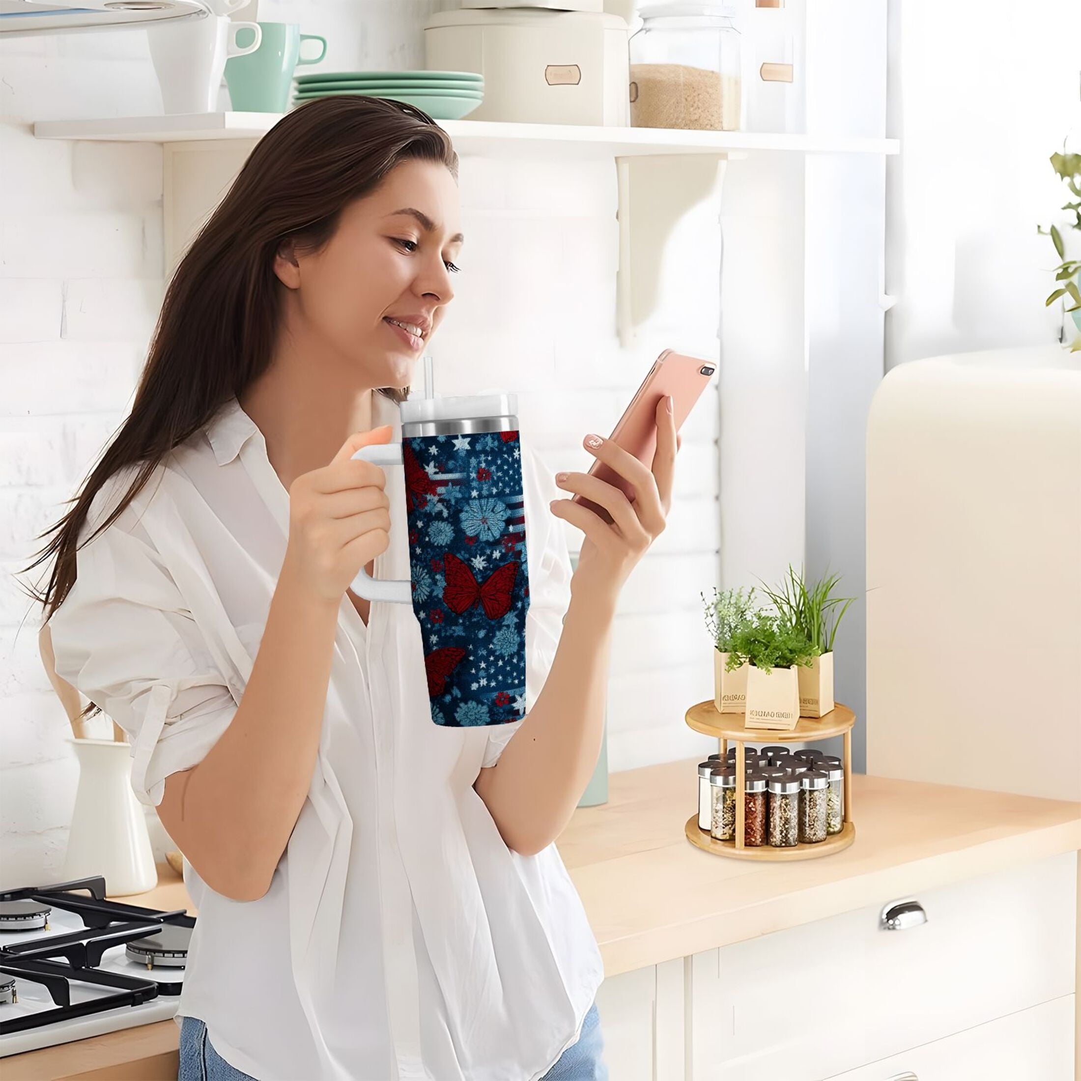 30 oz Insulated Stainless Steel Tumbler Double Wall Stainless Steel Tumbler with 2-Way Drinking Red Butterflies and Flags YLXE