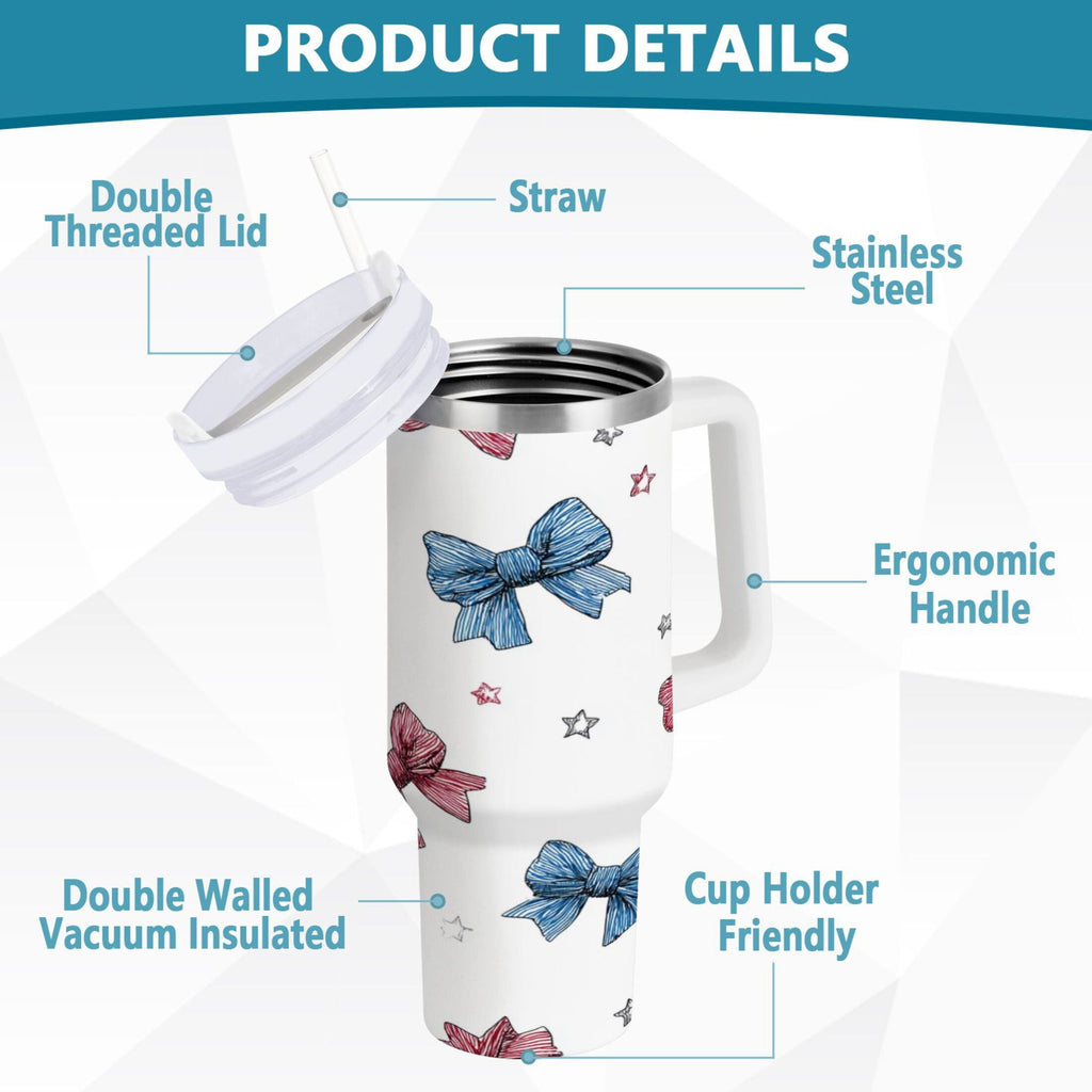 40 oz Insulated Stainless Steel Tumbler Double Wall Stainless Steel Tumbler with 2-Way Drinking Red and Blue Stripes Bows XWL1