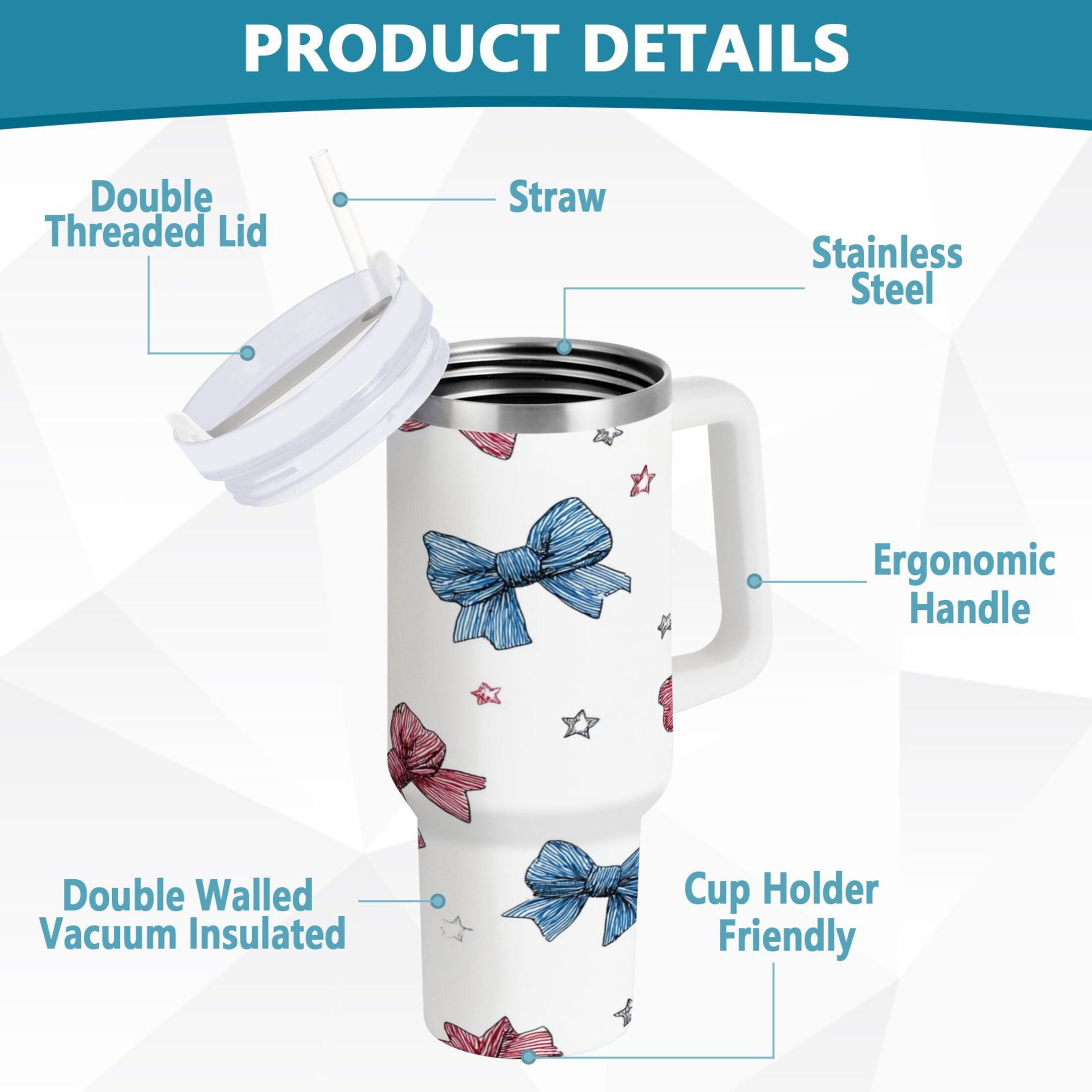 40 oz Insulated Stainless Steel Tumbler Double Wall Stainless Steel Tumbler with 2-Way Drinking Red and Blue Stripes Bows XWL1
