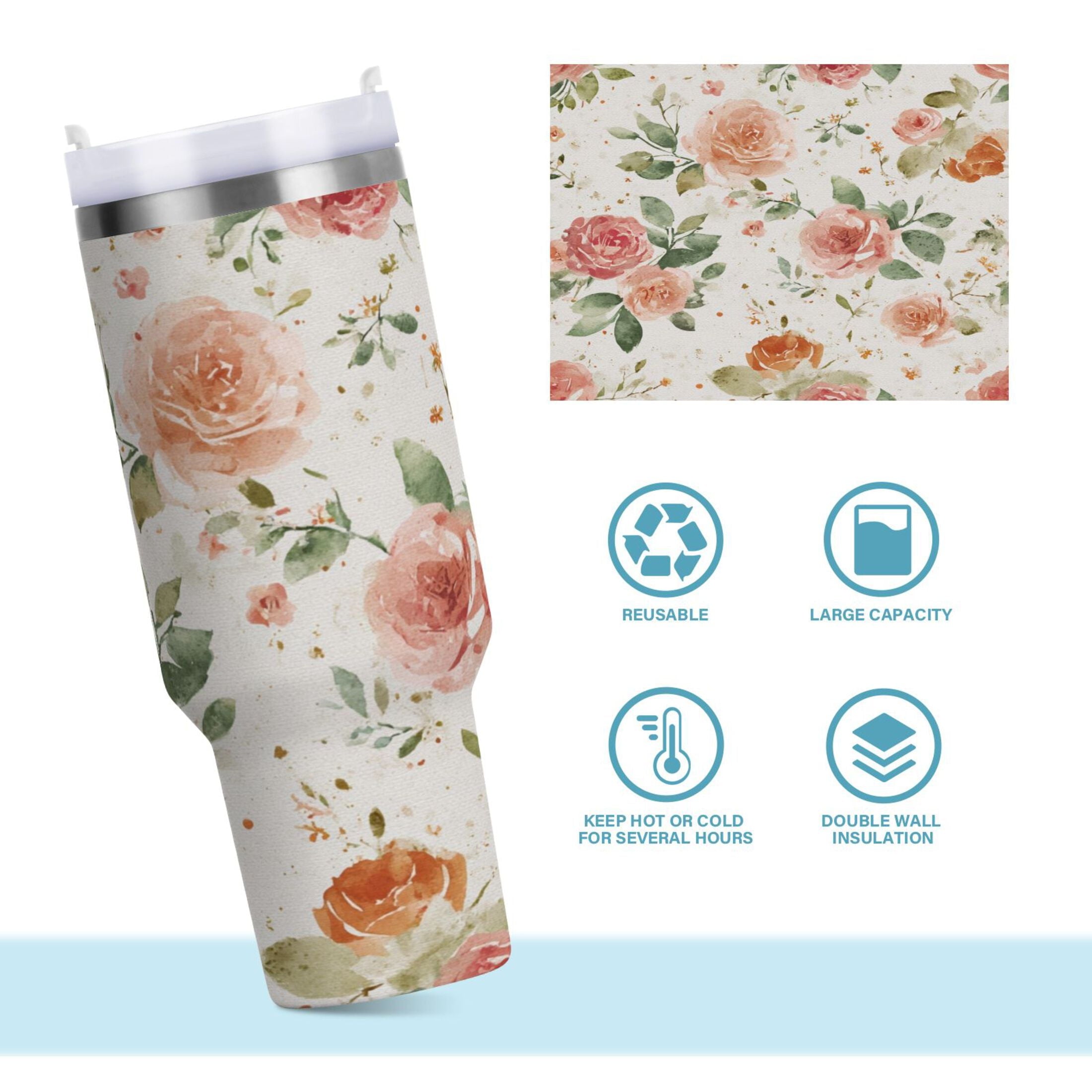40 oz Insulated Stainless Steel Tumbler Double Wall Stainless Steel Tumbler with 2-Way Drinking Watercolor Rose Floral Pattern 48QI