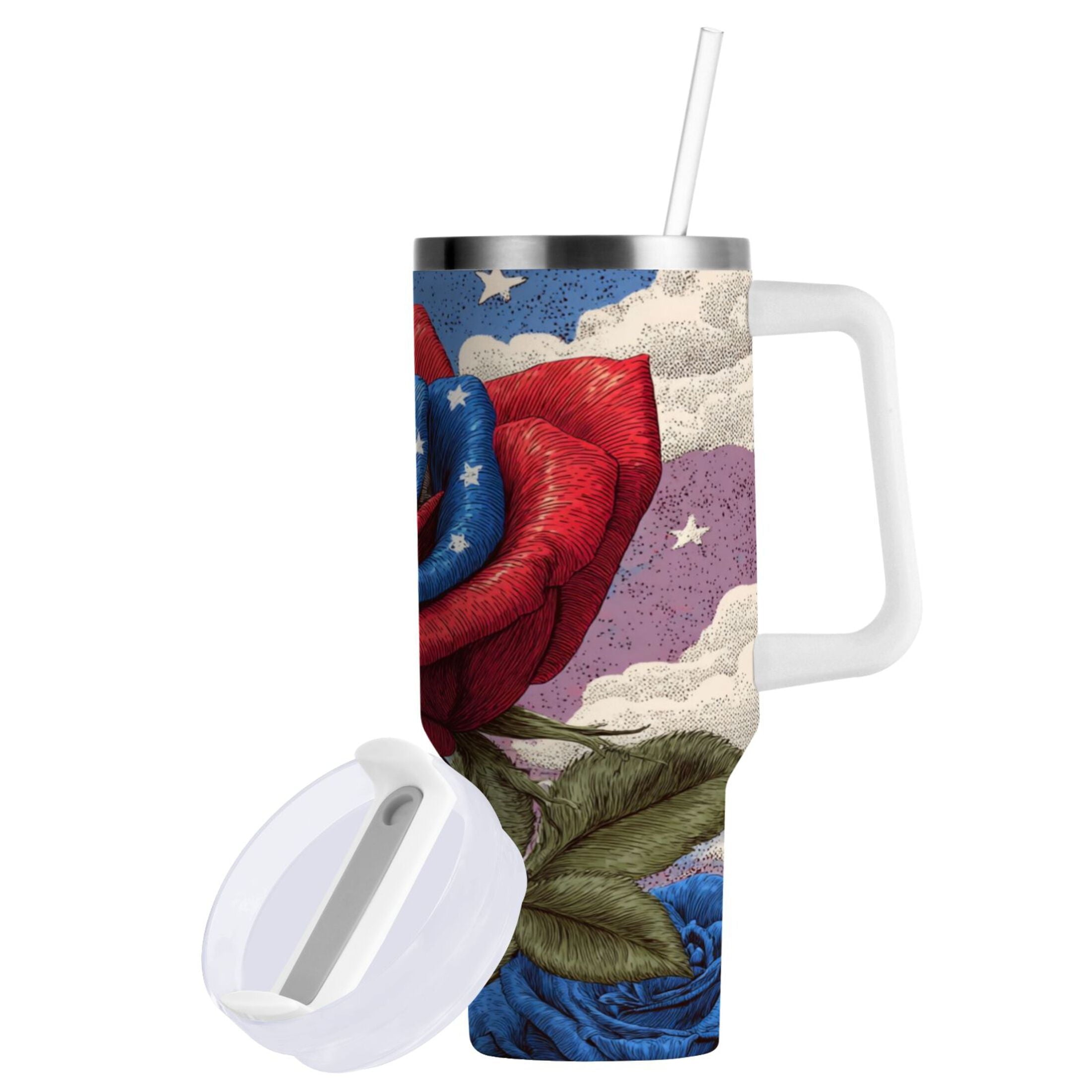 40 oz Insulated Stainless Steel Tumbler Double Wall Stainless Steel Tumbler with 2-Way Drinking Roses and Clouds TPIW