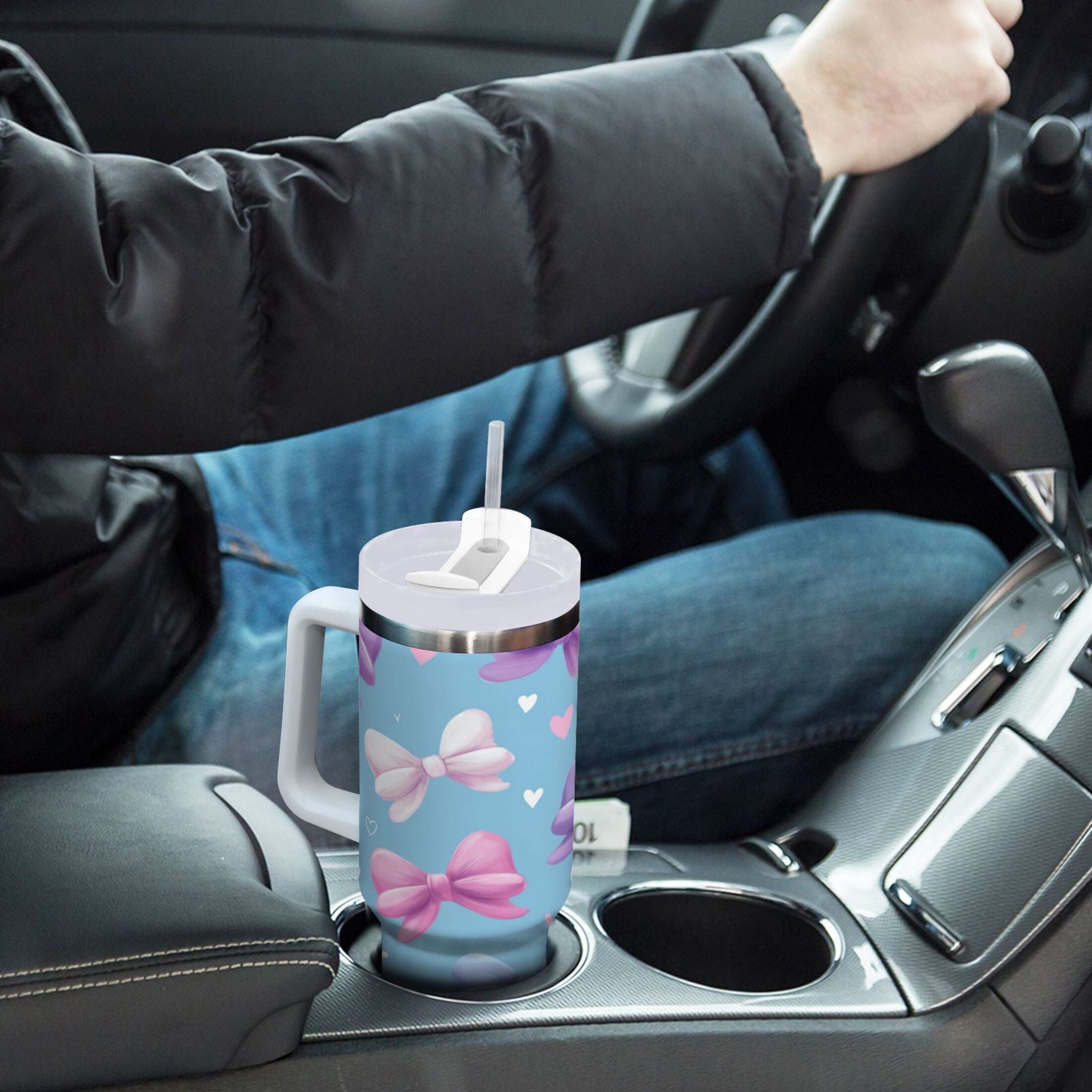 30 oz Insulated Stainless Steel Tumbler Double Wall Stainless Steel Tumbler with 2-Way Drinking Pink and Purple Bows 2NBM