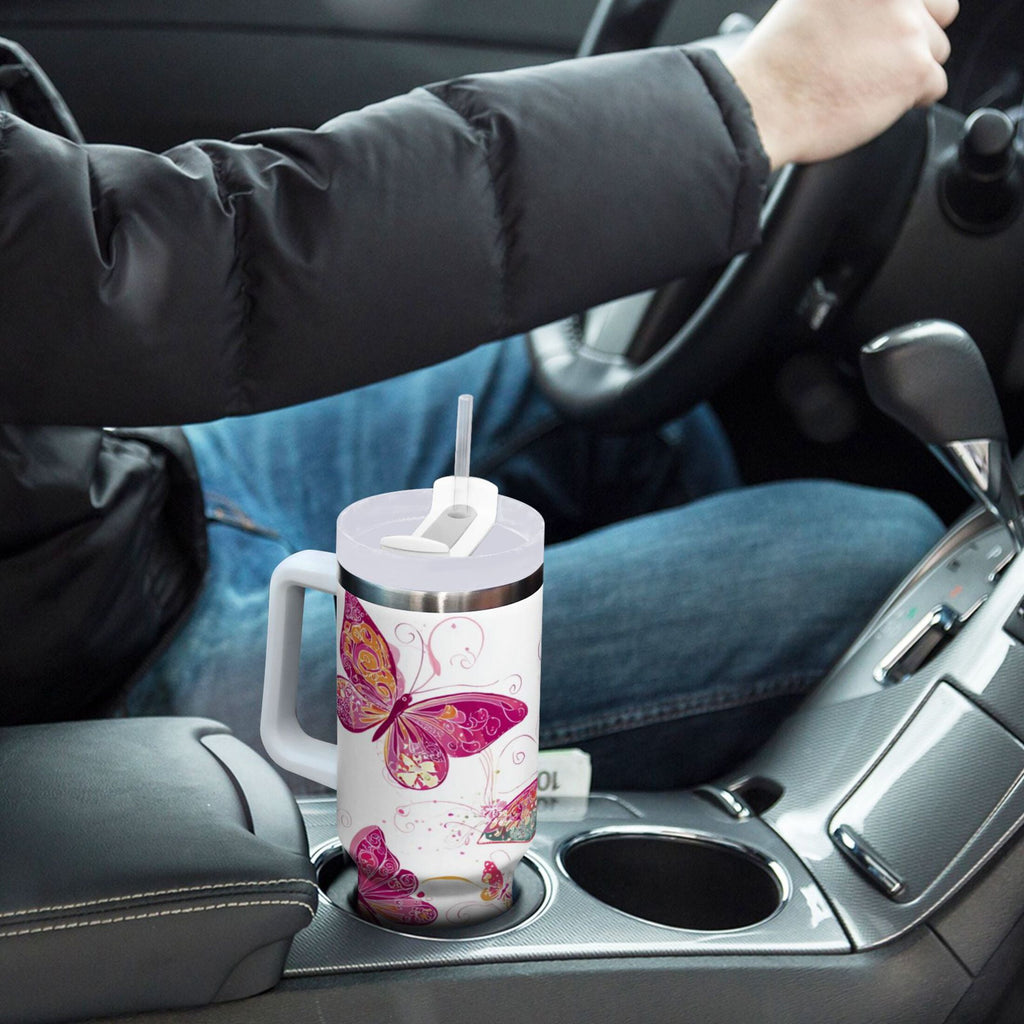 30 oz Insulated Stainless Steel Tumbler Double Wall Stainless Steel Tumbler with 2-Way Drinking Colorful Butterflies NDZF