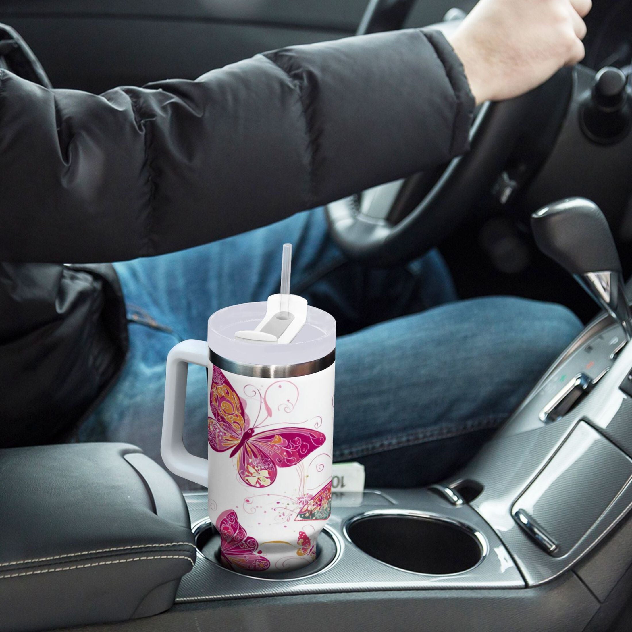 30 oz Insulated Stainless Steel Tumbler Double Wall Stainless Steel Tumbler with 2-Way Drinking Colorful Butterflies NDZF