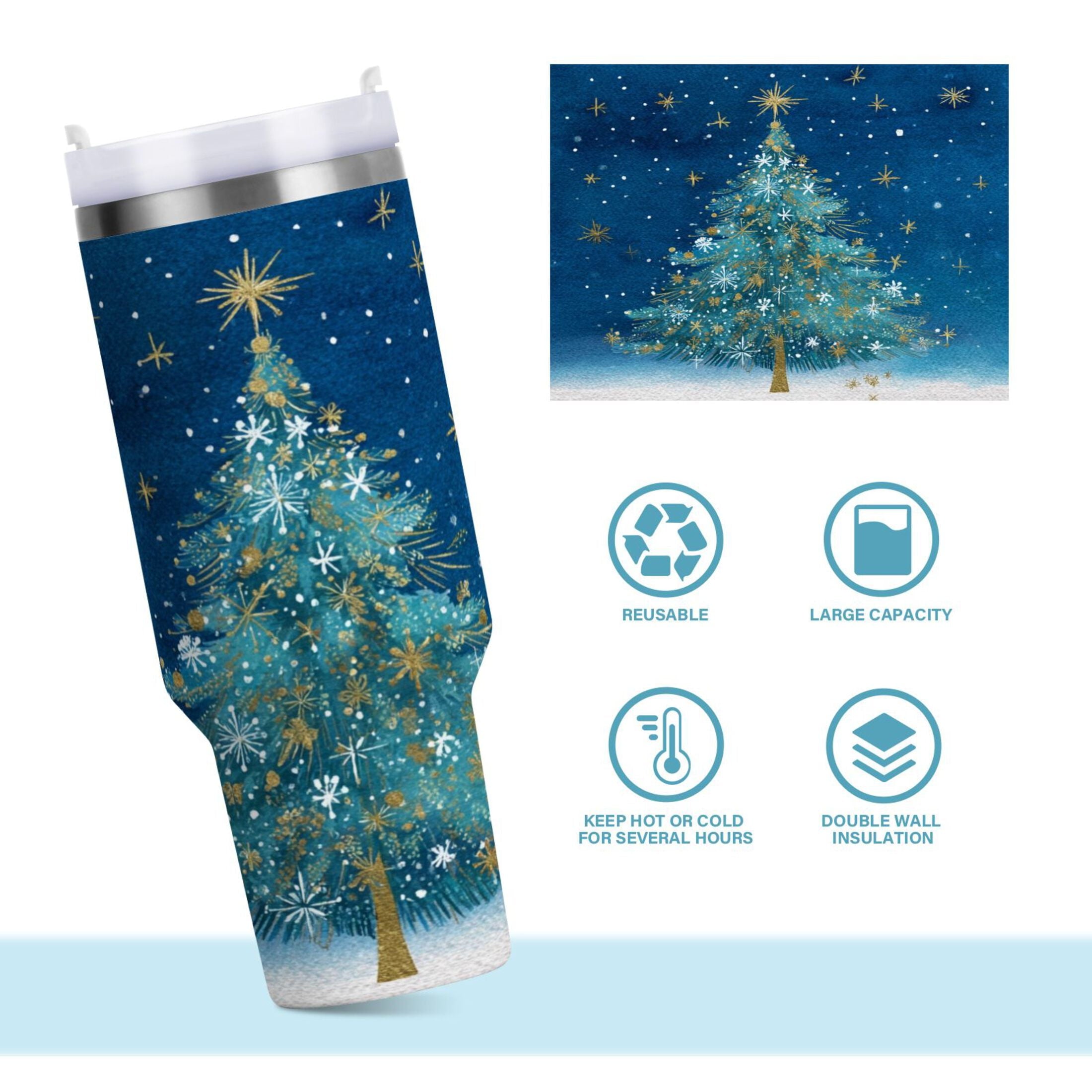 40 oz Insulated Stainless Steel Tumbler Double Wall Stainless Steel Tumbler with 2-Way Drinking Watercolor Christmas Tree B2X3
