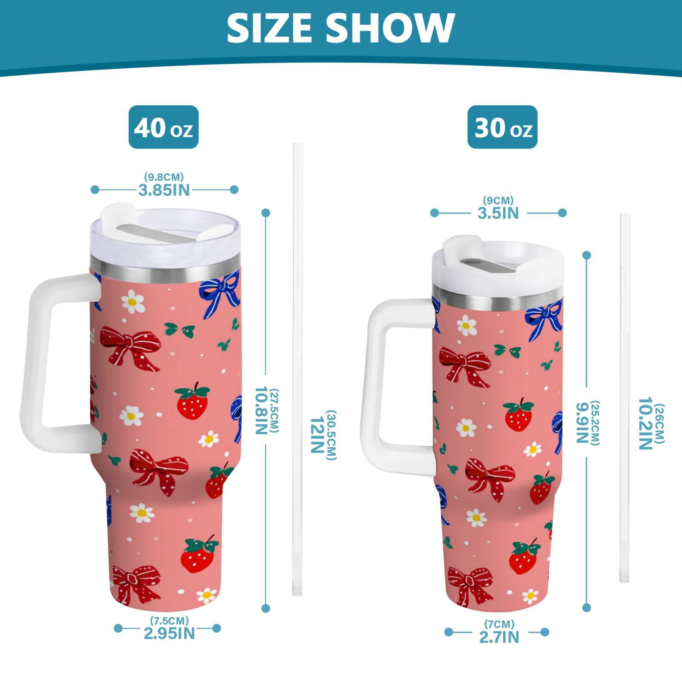 40 oz Insulated Stainless Steel Tumbler Double Wall Stainless Steel Tumbler with 2-Way Drinking Bows and Strawberries Pattern E9AK