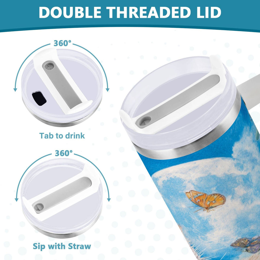 40 oz Insulated Stainless Steel Tumbler Double Wall Stainless Steel Tumbler with 2-Way Drinking Playful Cat Lying Sunflowers X733