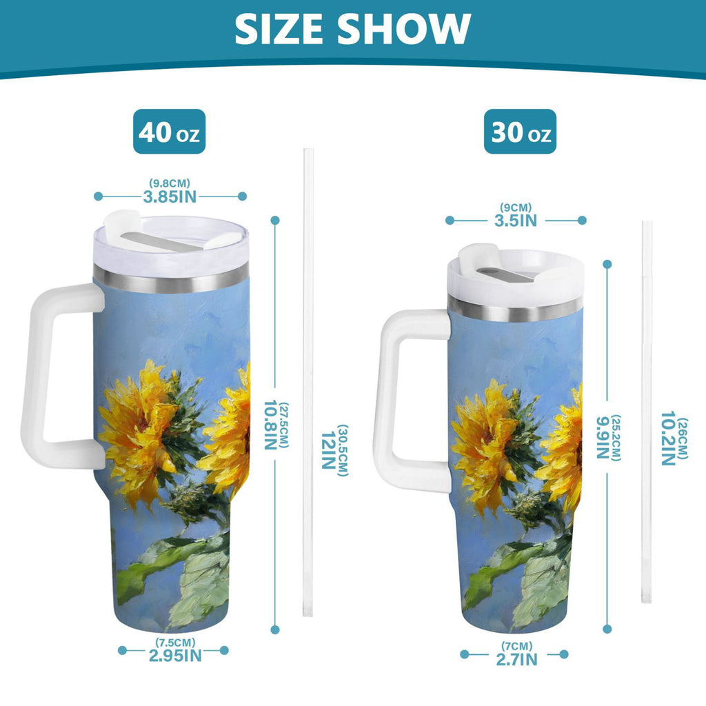 40 oz Insulated Stainless Steel Tumbler Double Wall Stainless Steel Tumbler with 2-Way Drinking Sunflowers Painting 792M