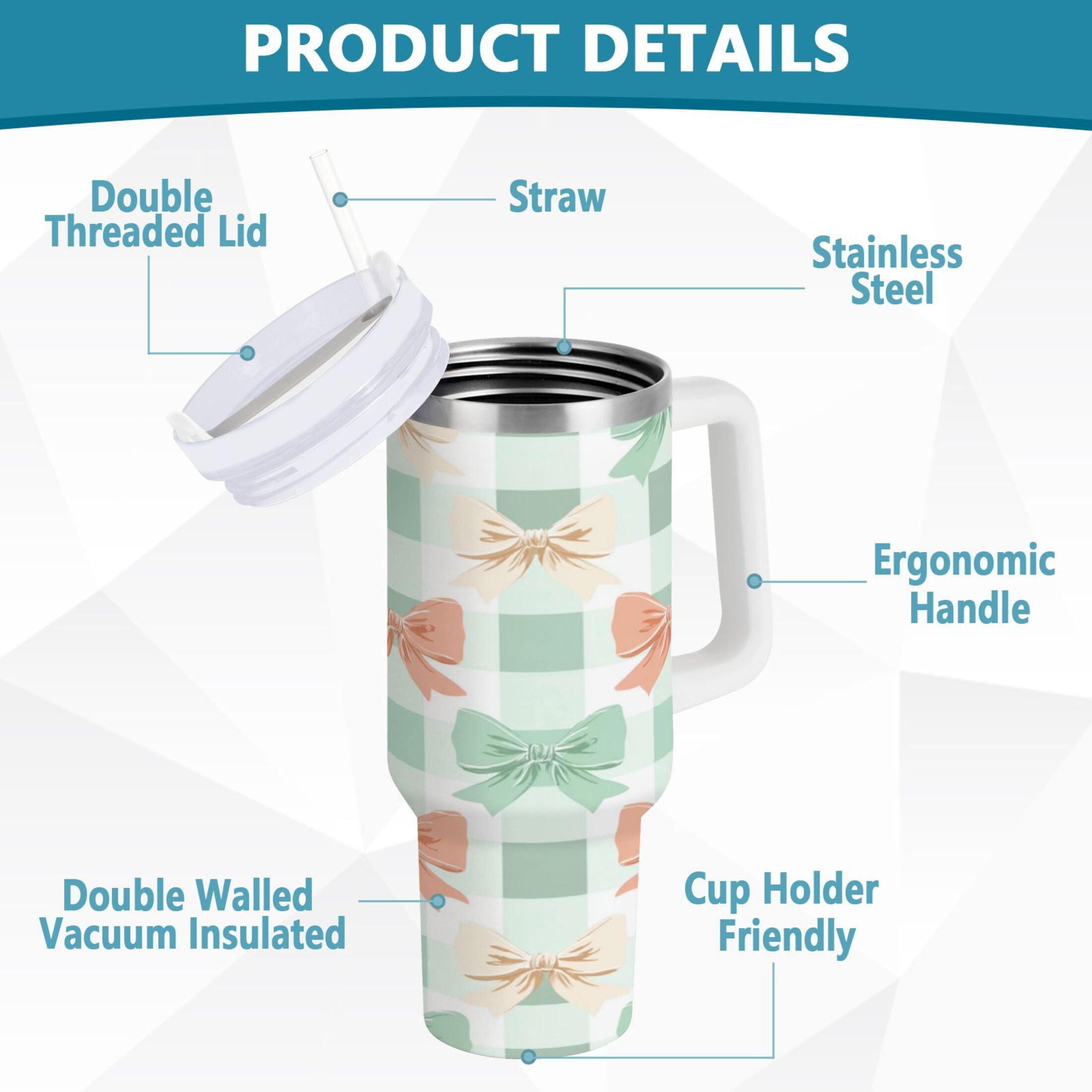 40 oz Insulated Stainless Steel Tumbler Double Wall Stainless Steel Tumbler with 2-Way Drinking Green and Peach Bow Pattern GQJO