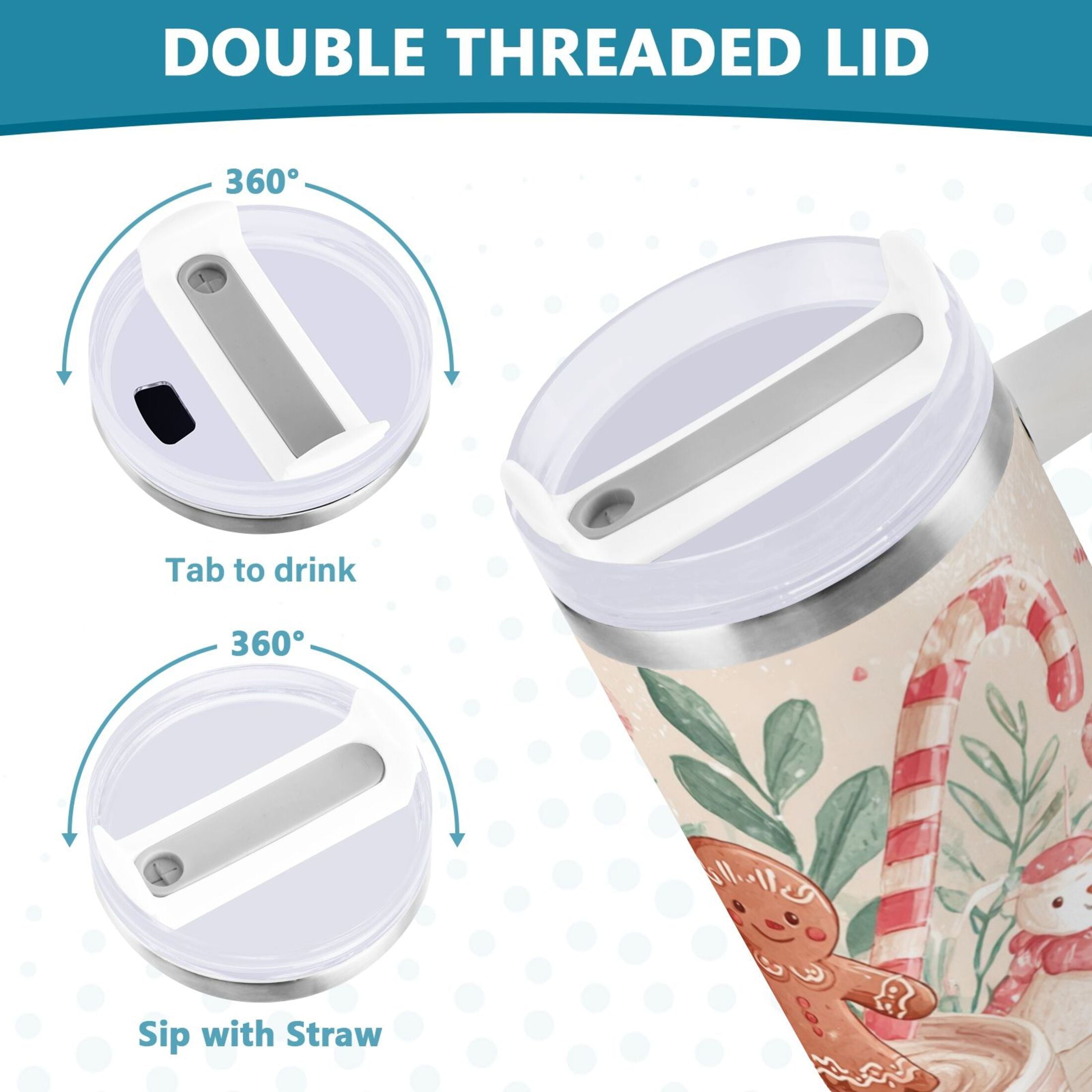 30 oz Insulated Stainless Steel Tumbler Double Wall Stainless Steel Tumbler with 2-Way Drinking Cute Christmas Design WPIA