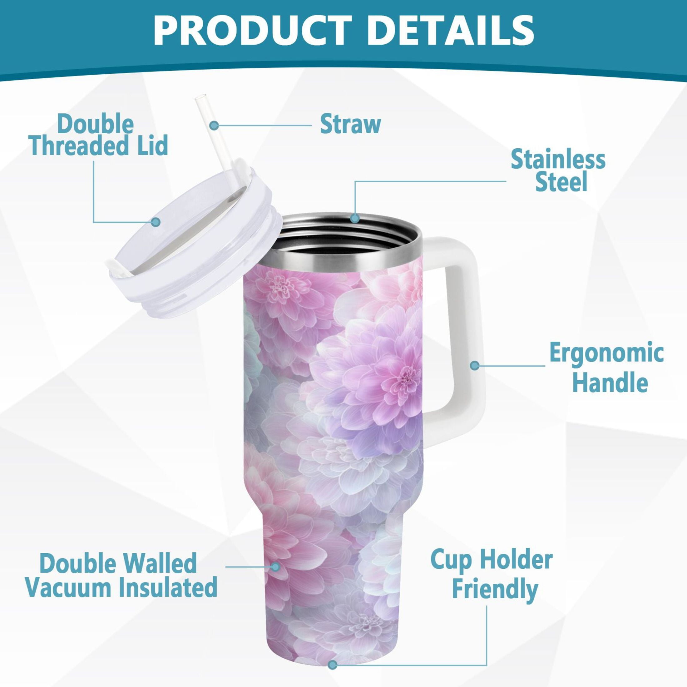 30 oz Insulated Stainless Steel Tumbler Double Wall Stainless Steel Tumbler with 2-Way Drinking Cute Pastel Watercolor Floral 4SBH