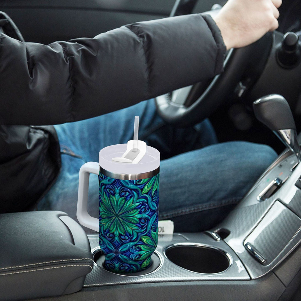 40 oz Insulated Stainless Steel Tumbler Double Wall Stainless Steel Tumbler with 2-Way Drinking Elegant Blue Traditional Patterns 7DF5