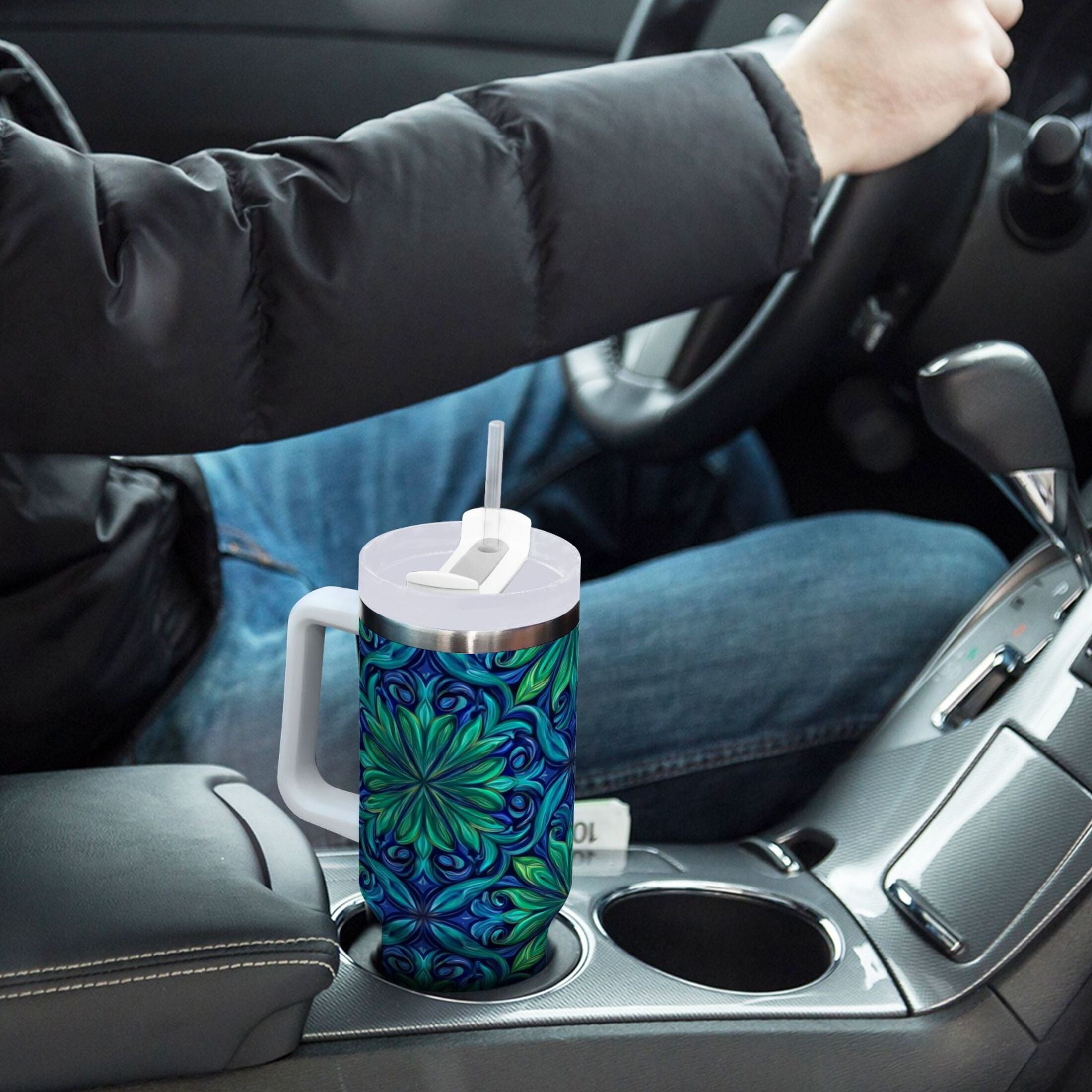 40 oz Insulated Stainless Steel Tumbler Double Wall Stainless Steel Tumbler with 2-Way Drinking Elegant Blue Traditional Patterns 7DF5