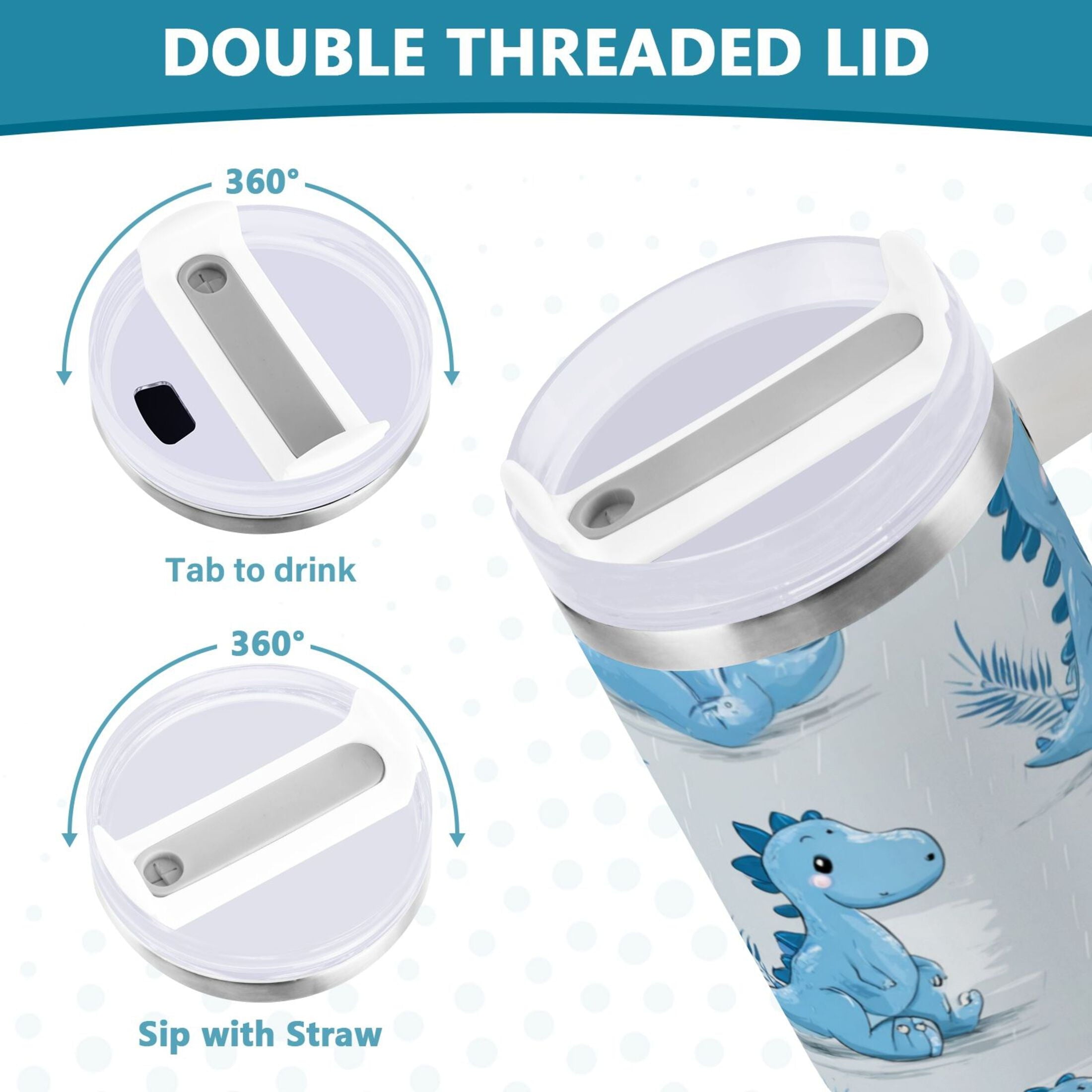30 oz Insulated Stainless Steel Tumbler Double Wall Stainless Steel Tumbler with 2-Way Drinking Cartoon Blue Dinosaurs FNMJ