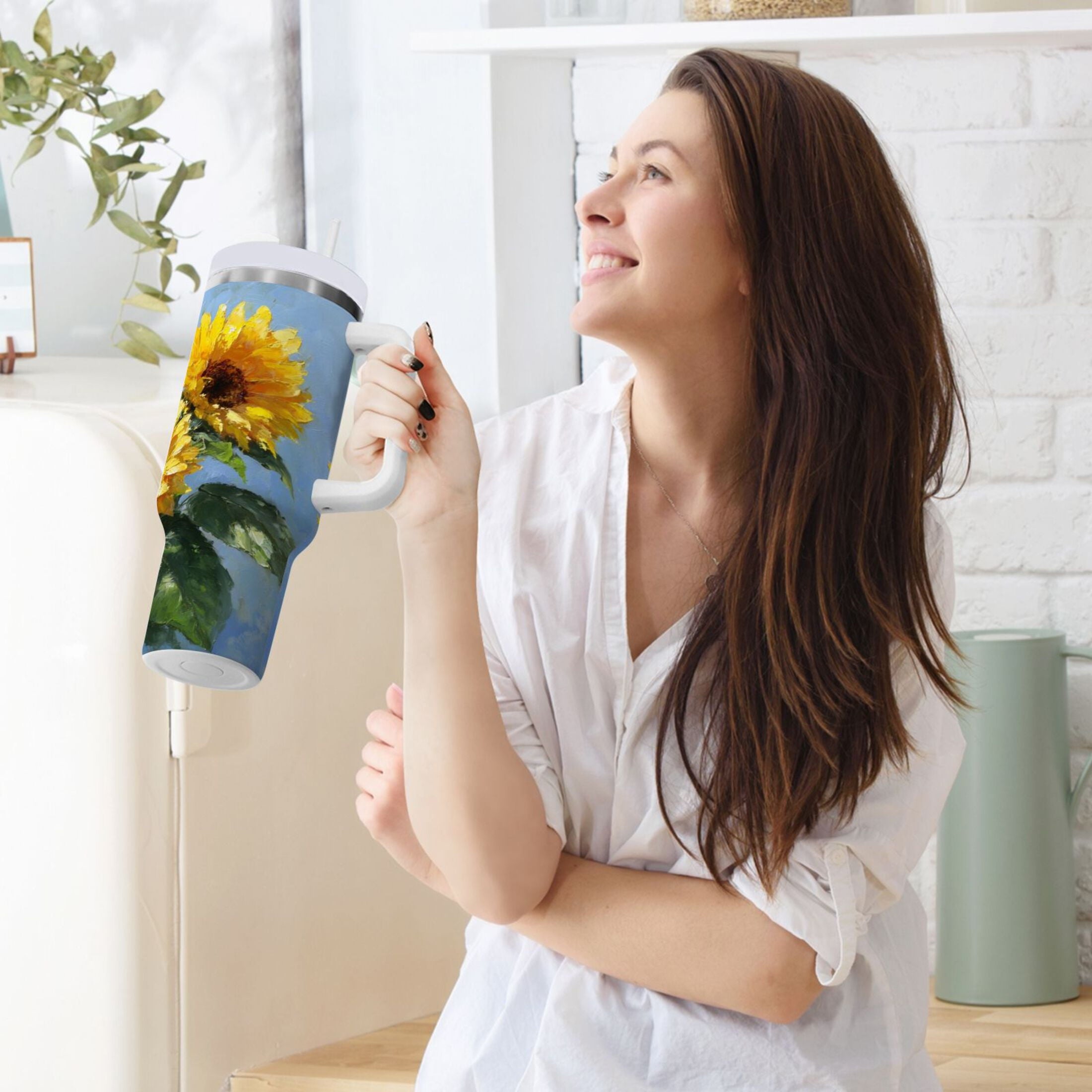 40 oz Insulated Stainless Steel Tumbler Double Wall Stainless Steel Tumbler with 2-Way Drinking Sunflowers Painting 792M