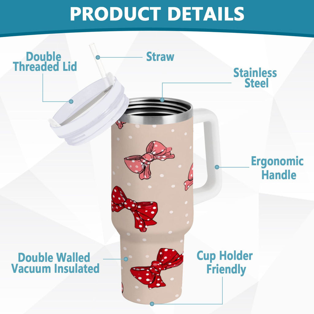 30 oz Insulated Stainless Steel Tumbler Double Wall Stainless Steel Tumbler with 2-Way Drinking Cute Red Bows Pattern 9ARD