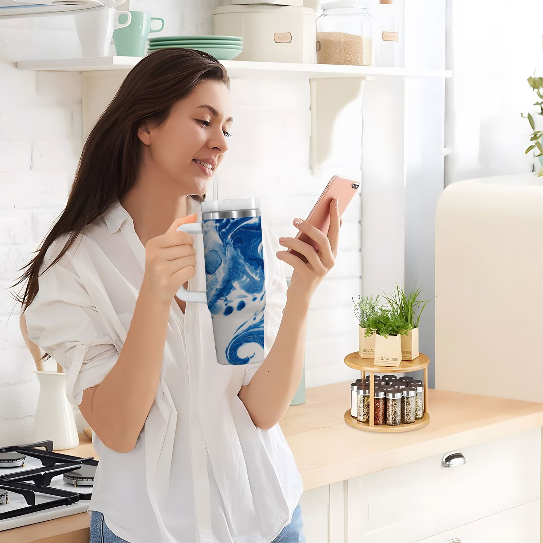 40 oz Insulated Stainless Steel Tumbler Double Wall Stainless Steel Tumbler with 2-Way Drinking Indigo Blue Tie-dye Pattern 12BO