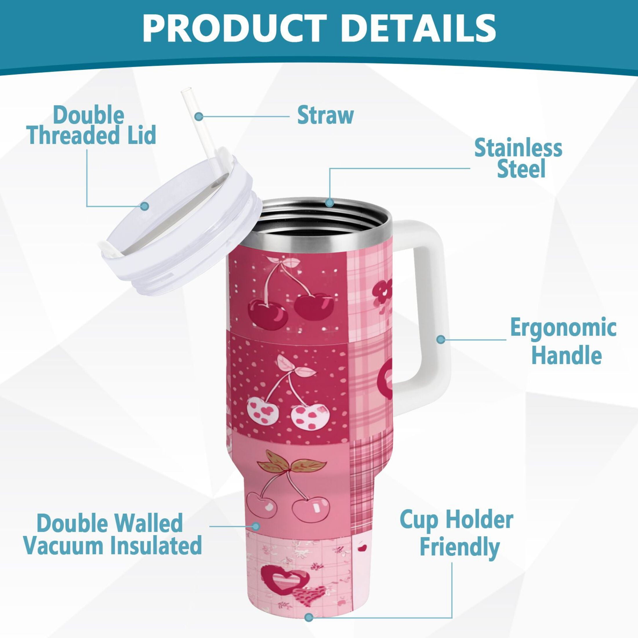30 oz Insulated Stainless Steel Tumbler Double Wall Stainless Steel Tumbler with 2-Way Drinking Cherry Pattern with Bows 6QVE