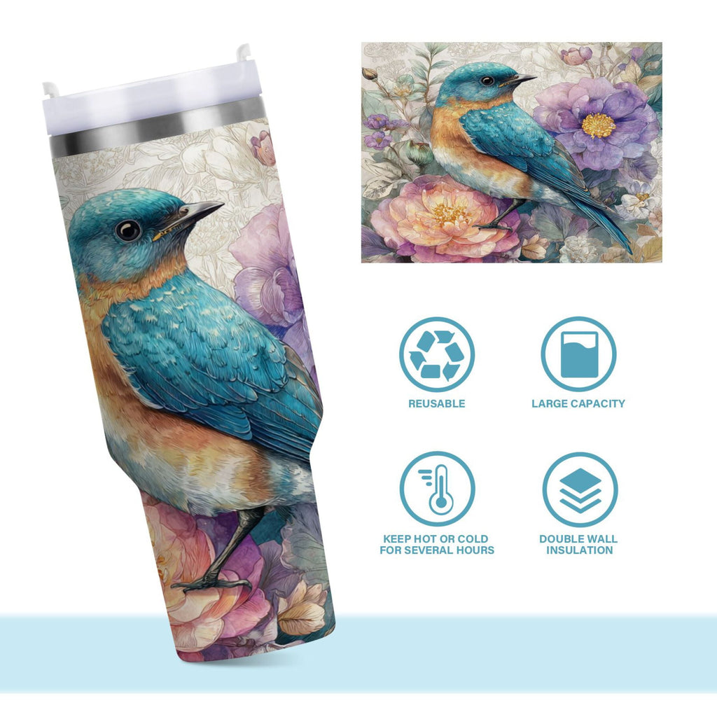 30 oz Insulated Stainless Steel Tumbler Double Wall Stainless Steel Tumbler with 2-Way Drinking Bluebird and Flower ARC5
