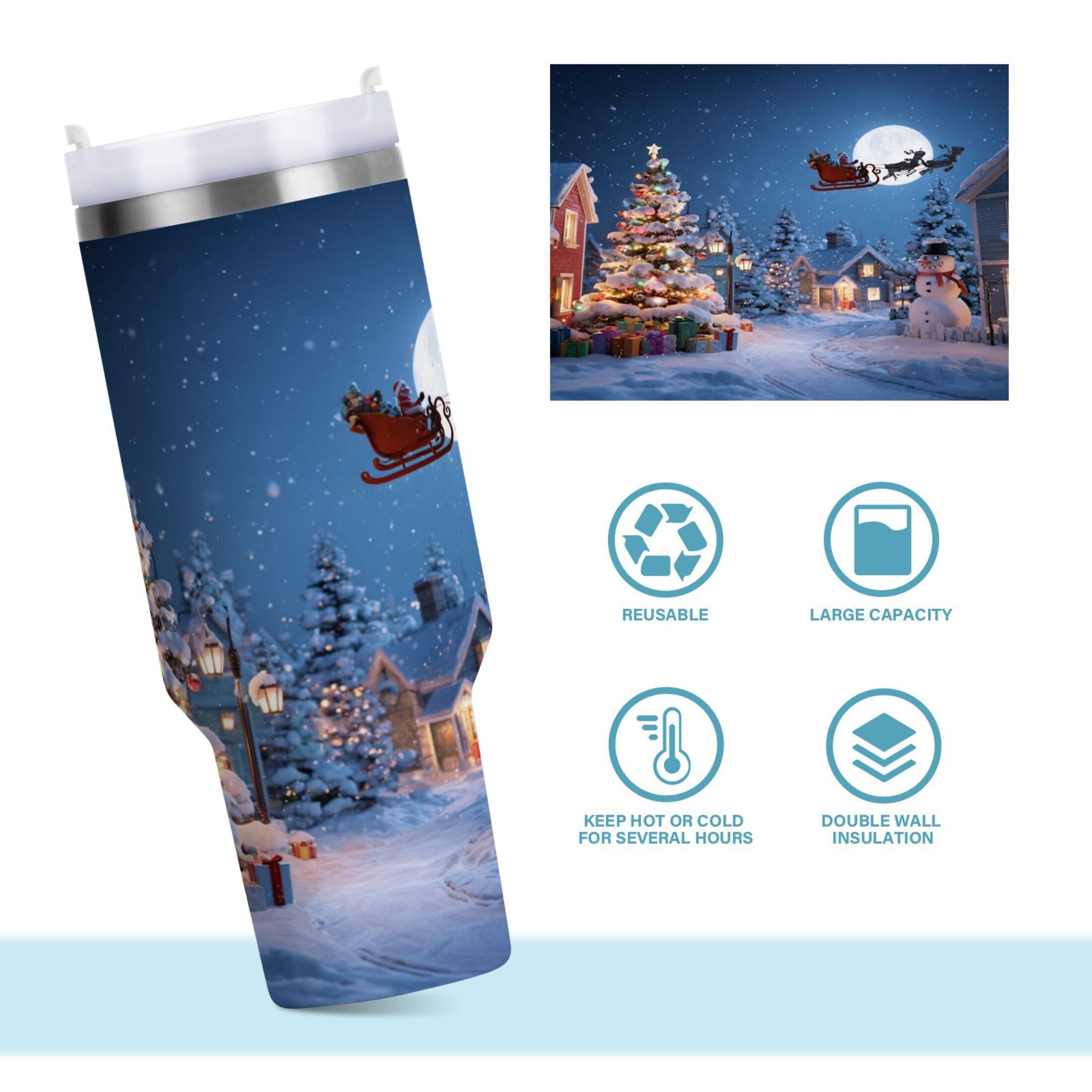 30 oz Insulated Stainless Steel Tumbler Double Wall Stainless Steel Tumbler with 2-Way Drinking Christmas Night Scene SQ8B