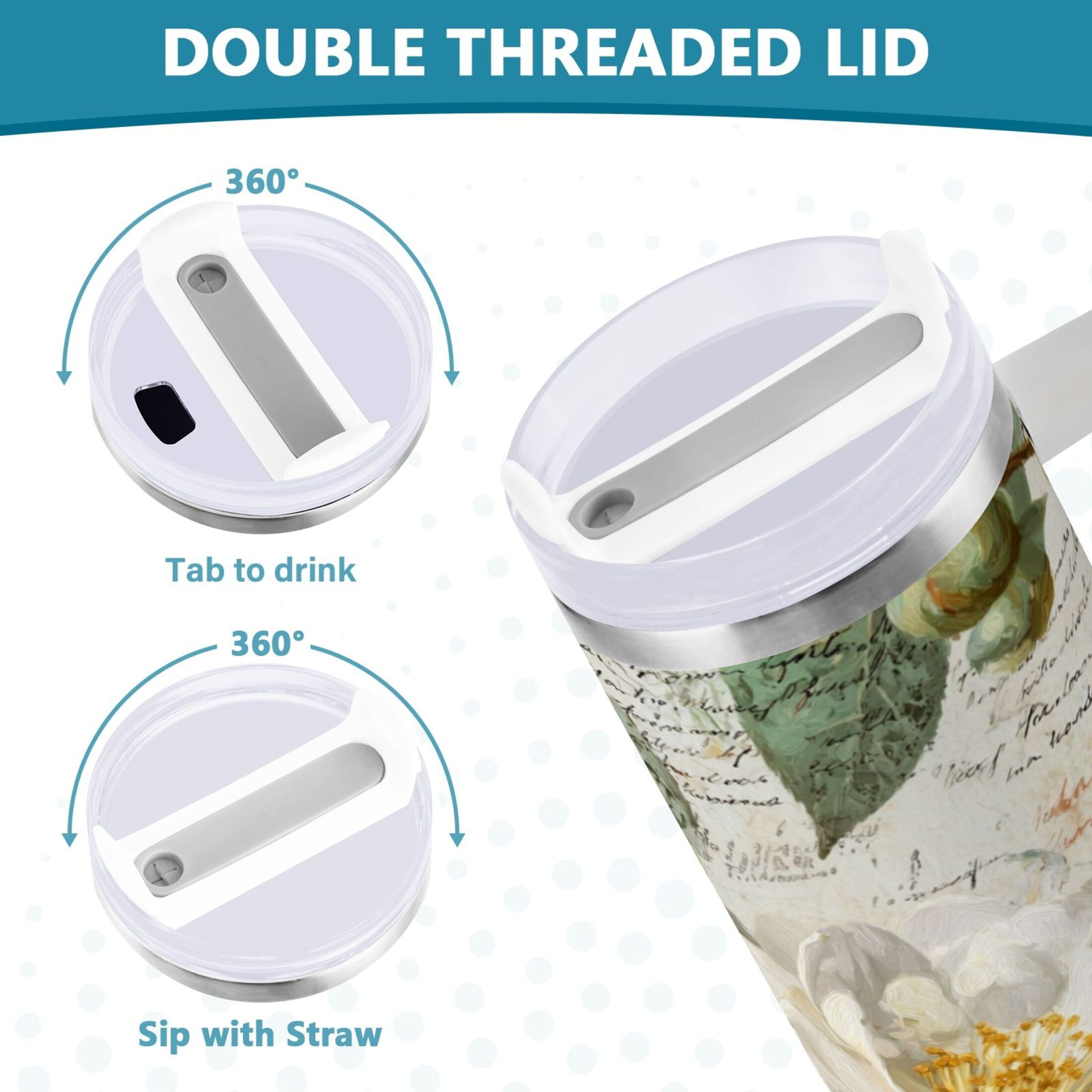 40 oz Insulated Stainless Steel Tumbler Double Wall Stainless Steel Tumbler with 2-Way Drinking Vintage White Camellias AJEN
