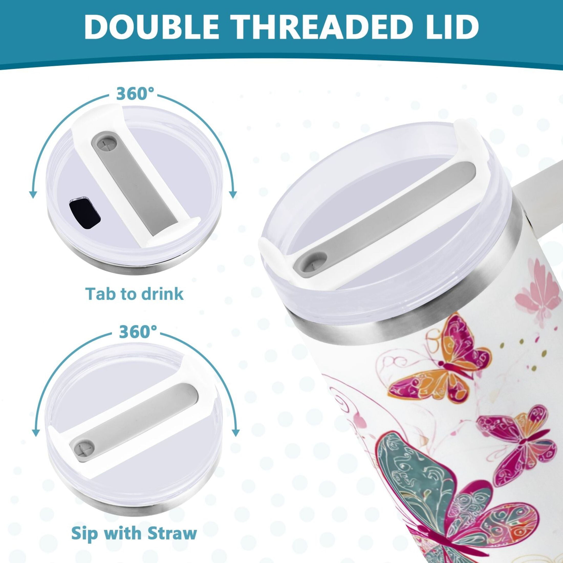 30 oz Insulated Stainless Steel Tumbler Double Wall Stainless Steel Tumbler with 2-Way Drinking Colorful Butterflies NDZF