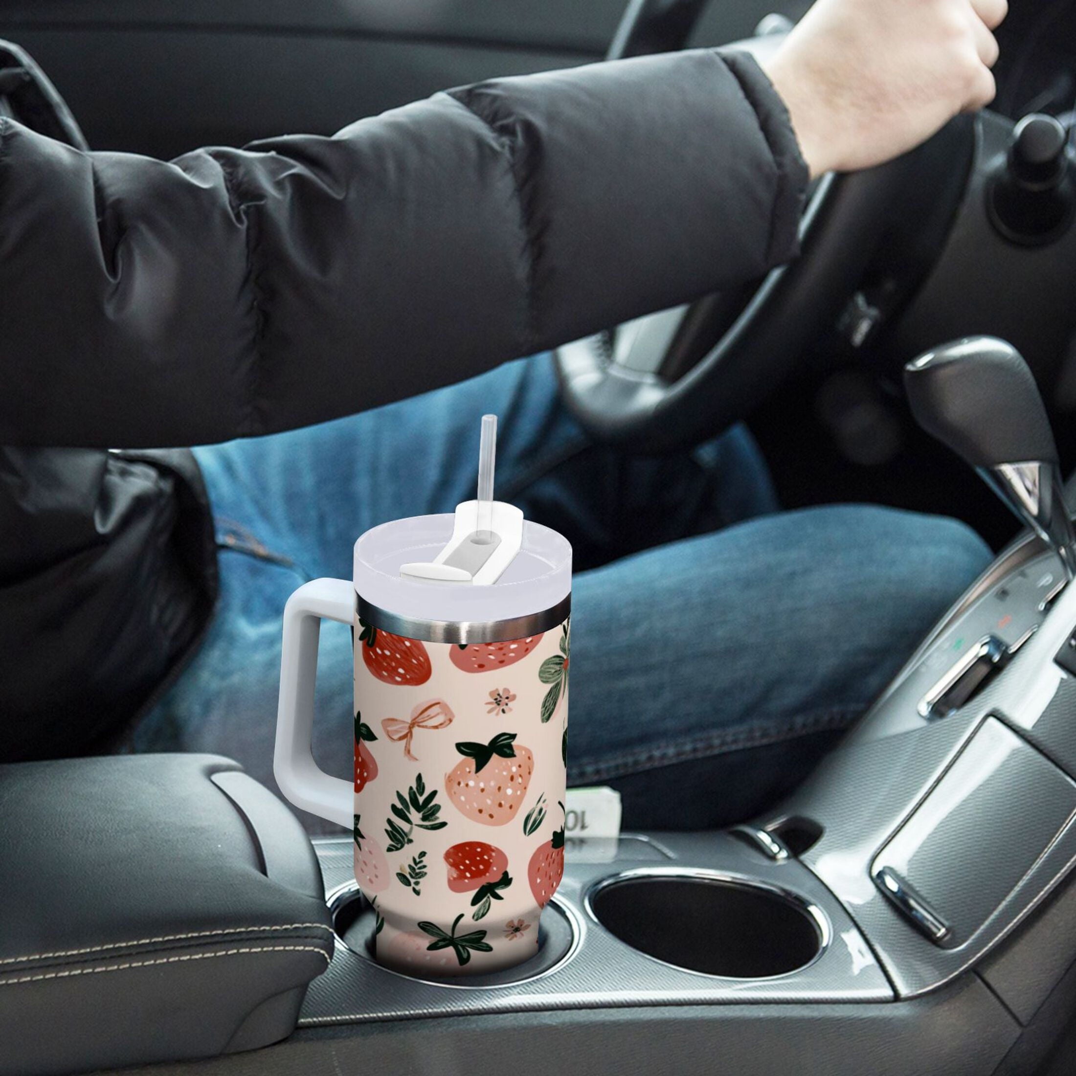 30 oz Insulated Stainless Steel Tumbler Double Wall Stainless Steel Tumbler with 2-Way Drinking Cute Pinks Strawberries PV8B