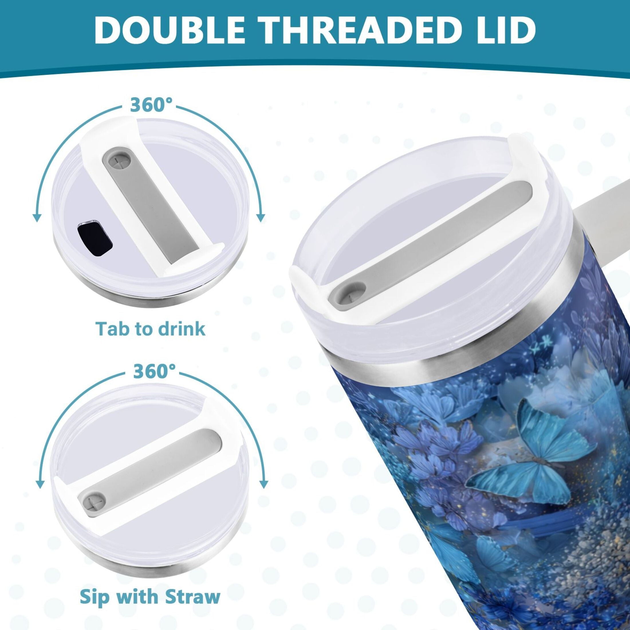 30 oz Insulated Stainless Steel Tumbler Double Wall Stainless Steel Tumbler with 2-Way Drinking Butterflies Books and Flowers WSP8