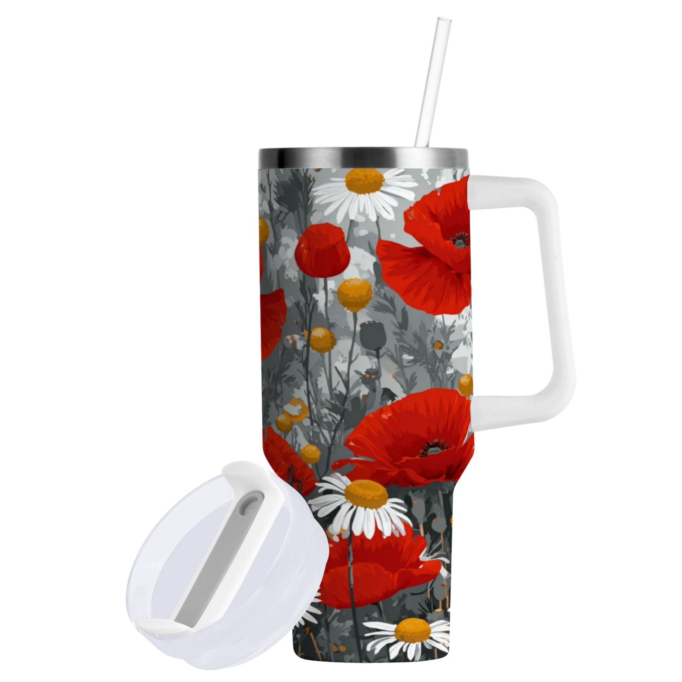40 oz Insulated Stainless Steel Tumbler Double Wall Stainless Steel Tumbler with 2-Way Drinking Red Flowers and Daisies T4H9