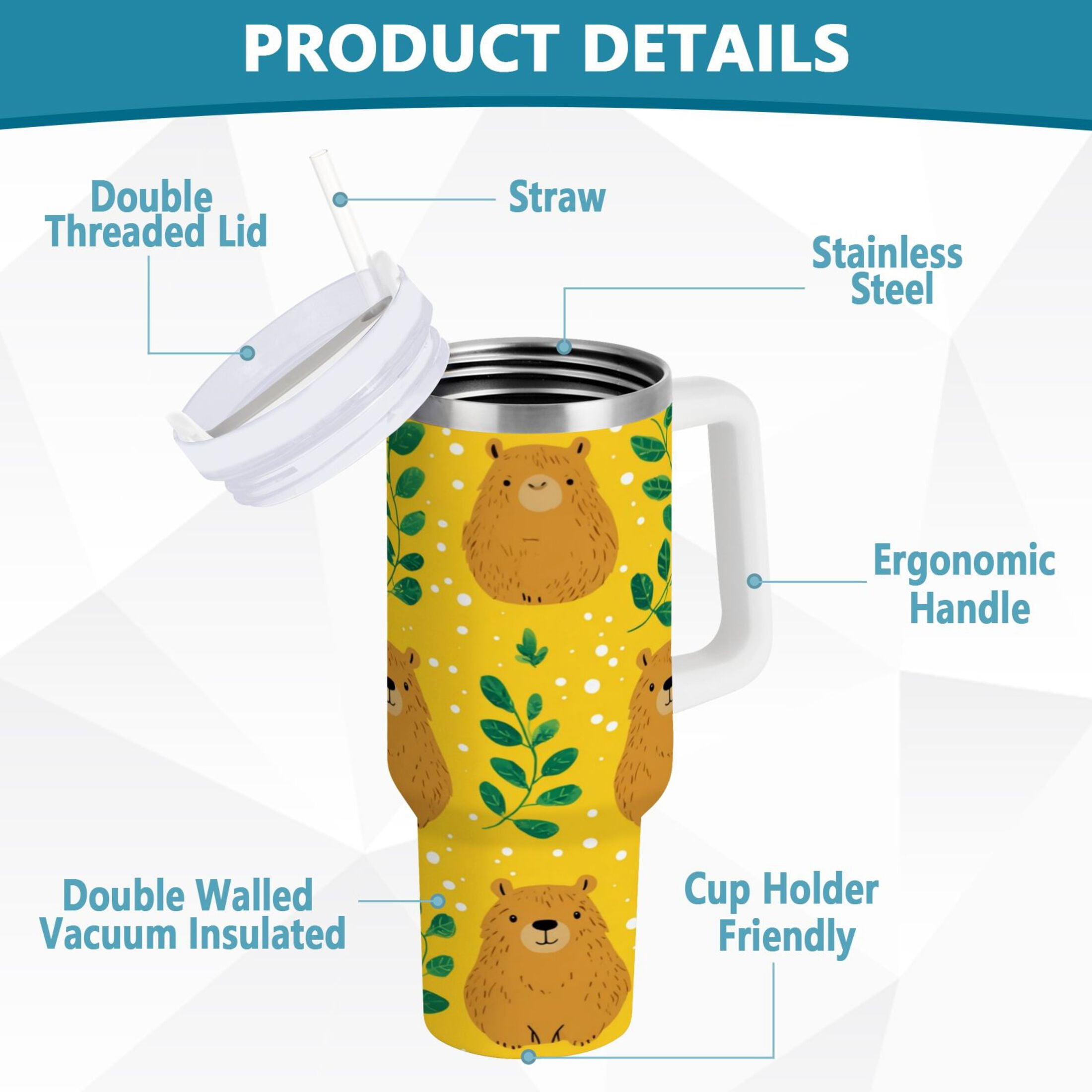 30 oz Insulated Stainless Steel Tumbler Double Wall Stainless Steel Tumbler with 2-Way Drinking Capybara and Green Leaves LZSI