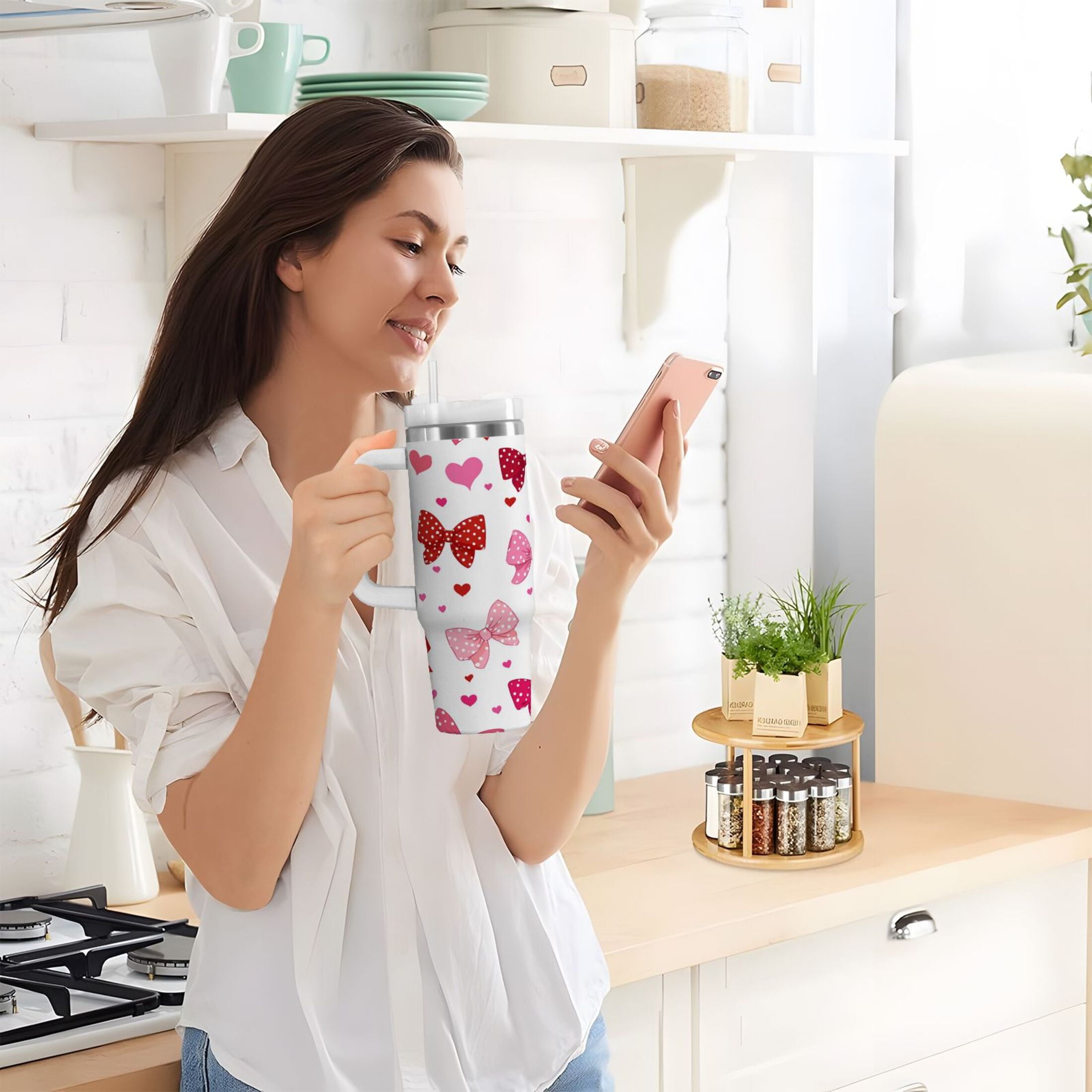 30 oz Insulated Stainless Steel Tumbler Double Wall Stainless Steel Tumbler with 2-Way Drinking Red and Pink Bows GTB5