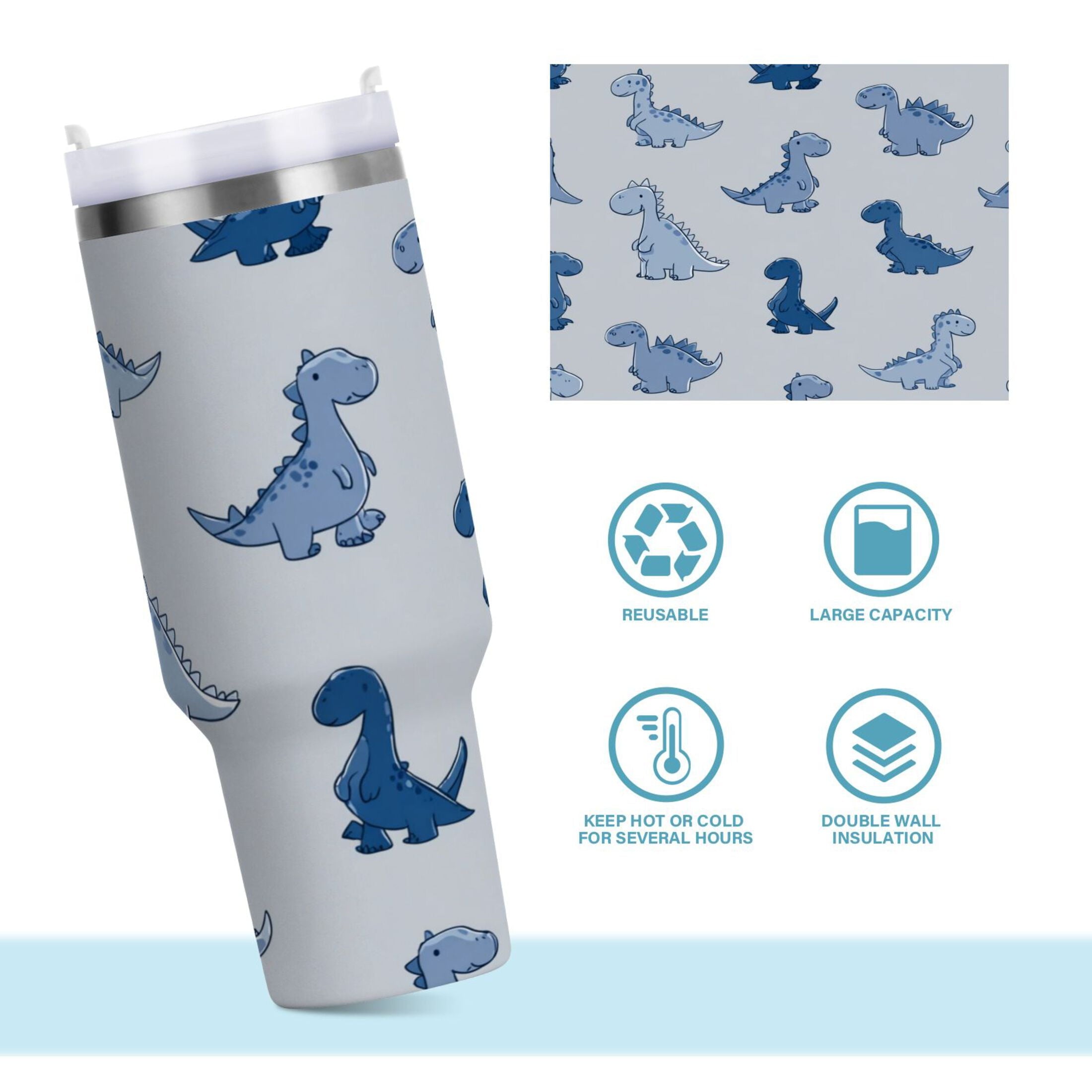 30 oz Insulated Stainless Steel Tumbler Double Wall Stainless Steel Tumbler with 2-Way Drinking Cute Blue Dinosaurs F4LR