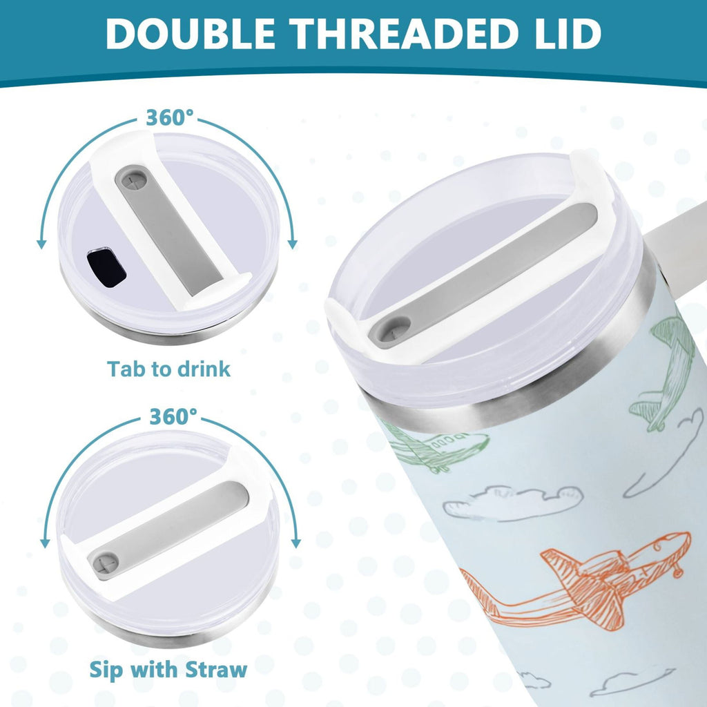 30 oz Insulated Stainless Steel Tumbler Double Wall Stainless Steel Tumbler with 2-Way Drinking Pastel Doodle Airplanes 1WDE