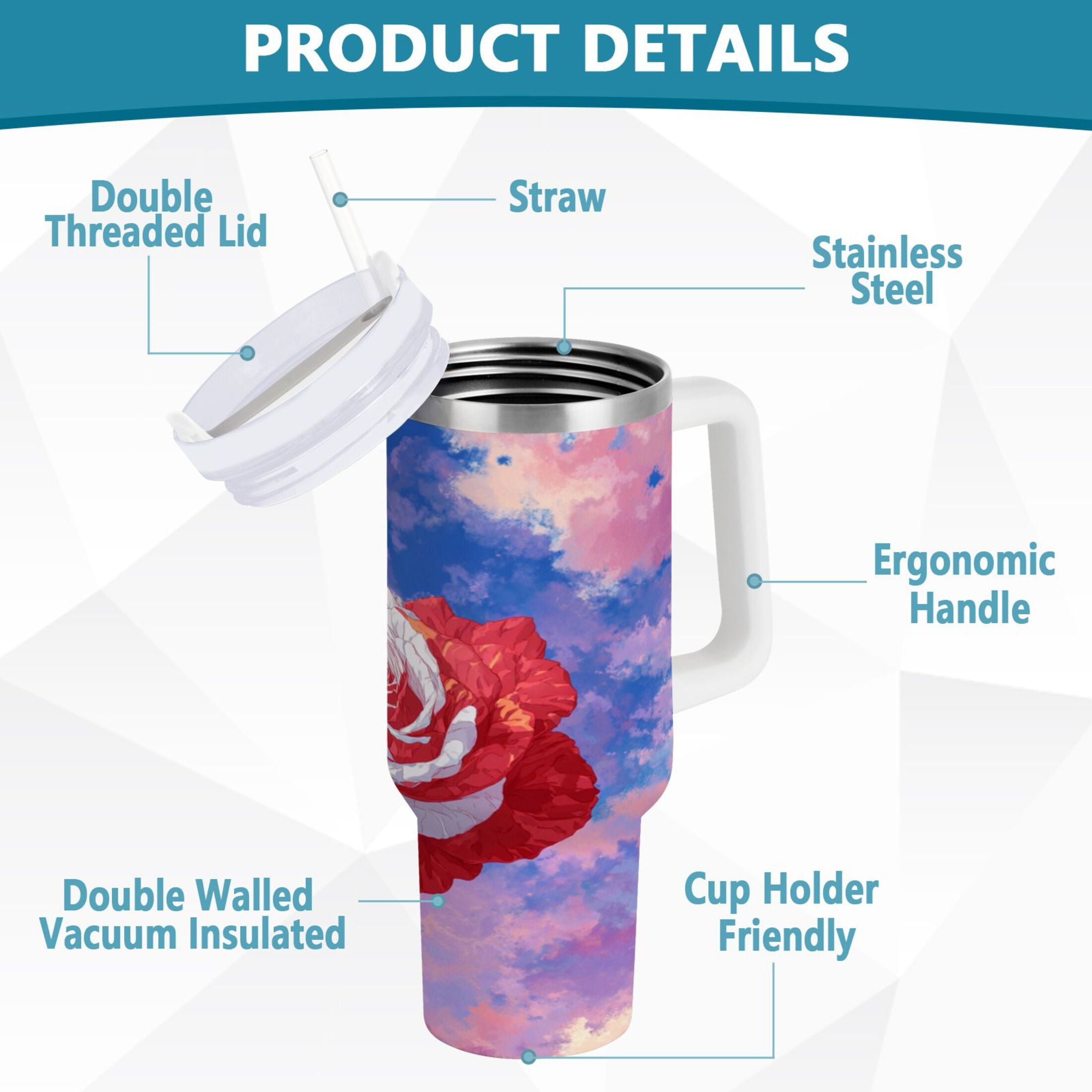 30 oz Insulated Stainless Steel Tumbler Double Wall Stainless Steel Tumbler with 2-Way Drinking Rose with Flag Pattern PENC