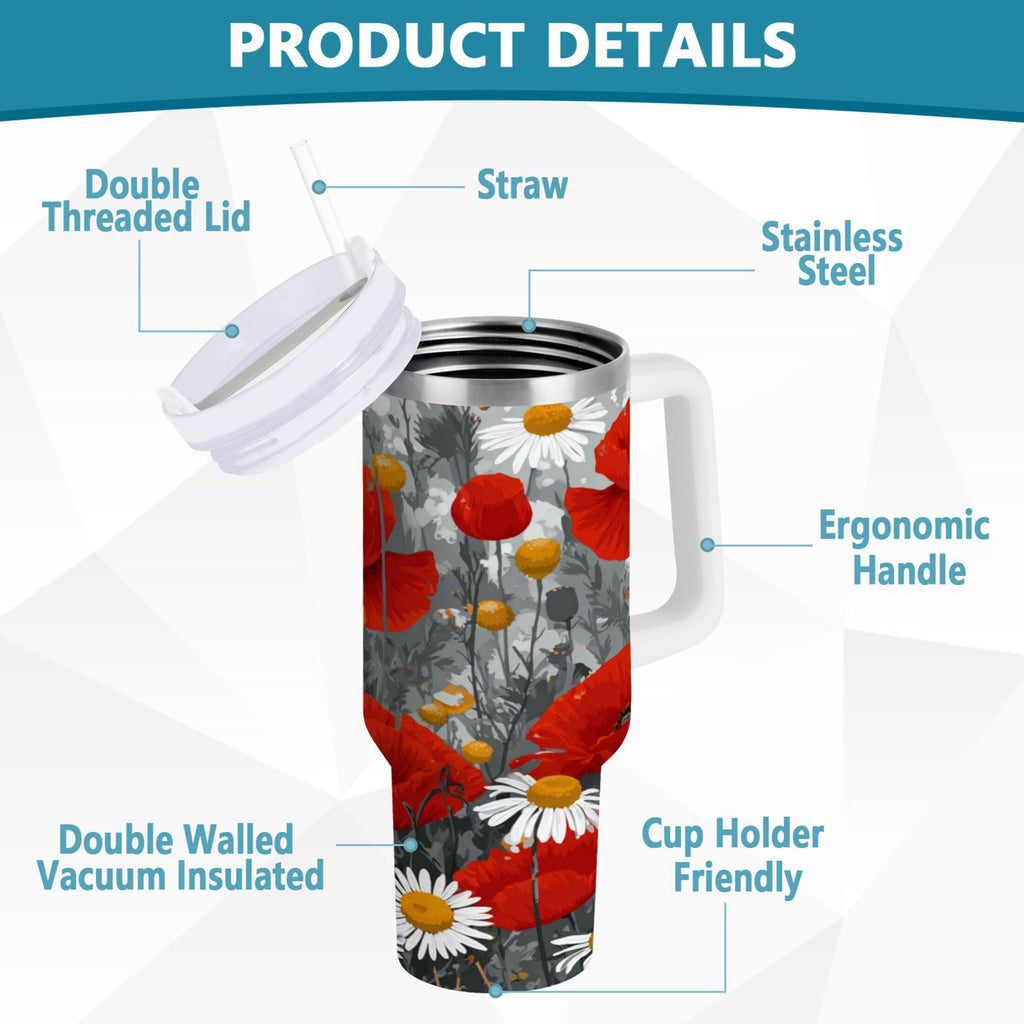 40 oz Insulated Stainless Steel Tumbler Double Wall Stainless Steel Tumbler with 2-Way Drinking Red Flowers and Daisies T4H9