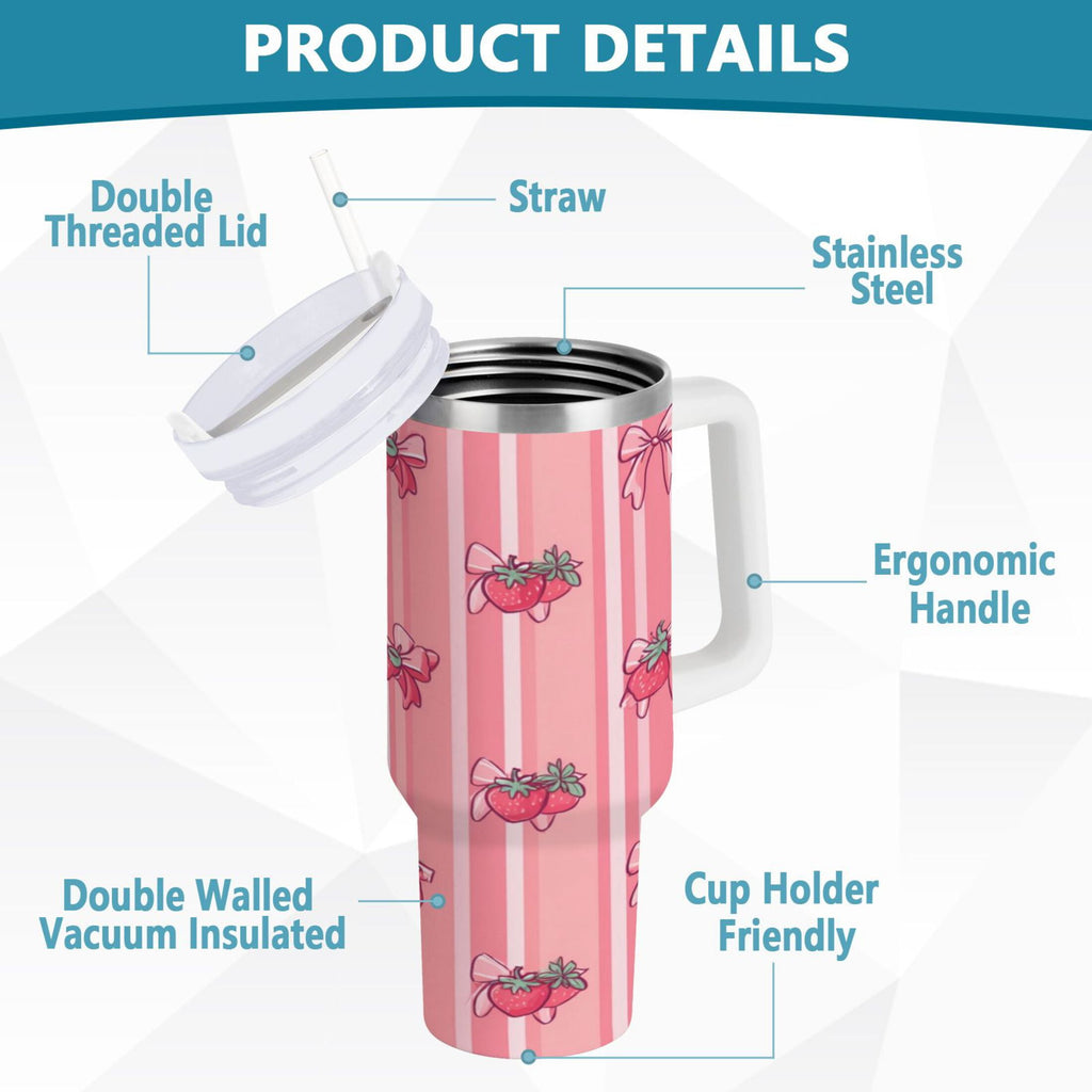 30 oz Insulated Stainless Steel Tumbler Double Wall Stainless Steel Tumbler with 2-Way Drinking Pink Bows and Strawberries KRQA