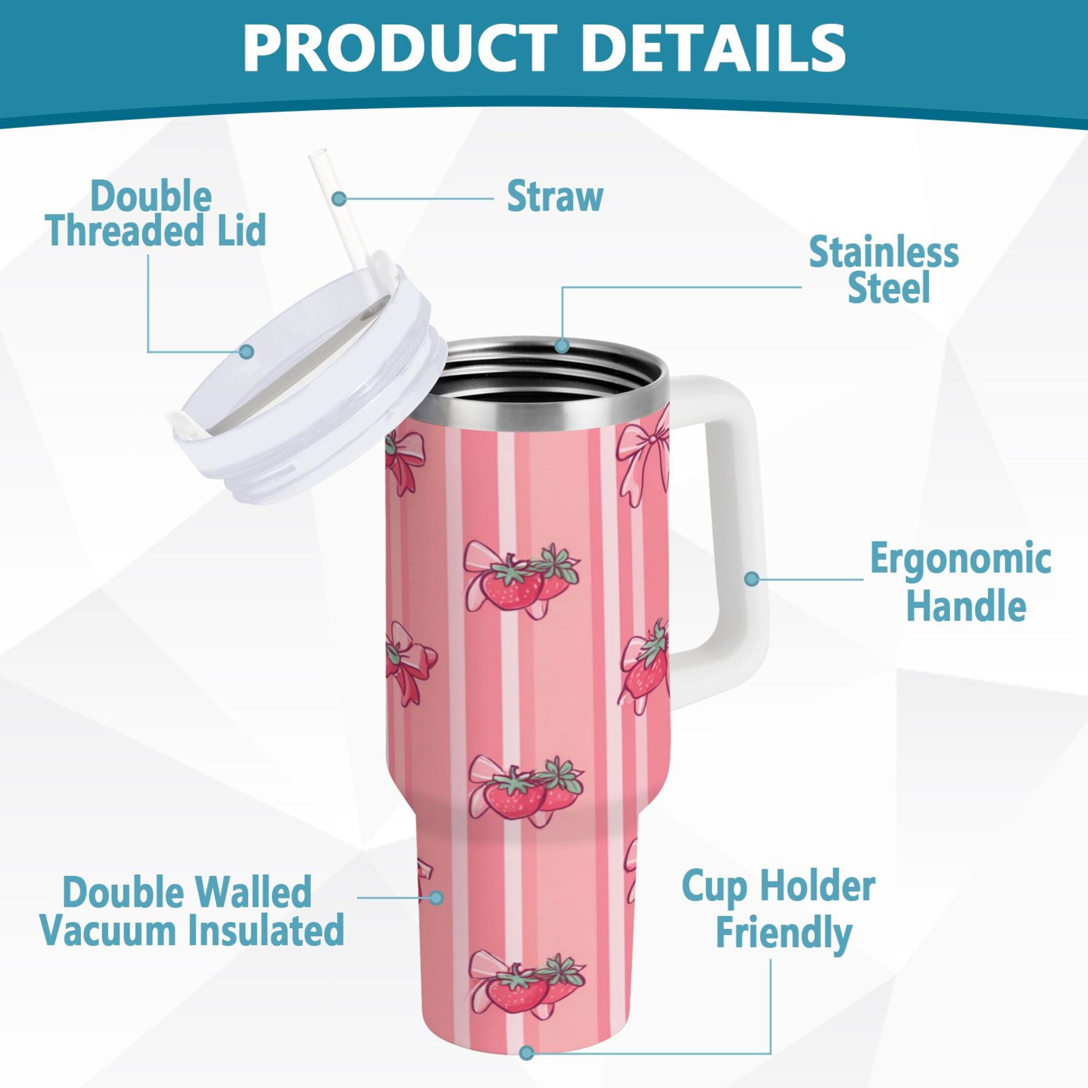 30 oz Insulated Stainless Steel Tumbler Double Wall Stainless Steel Tumbler with 2-Way Drinking Pink Bows and Strawberries KRQA
