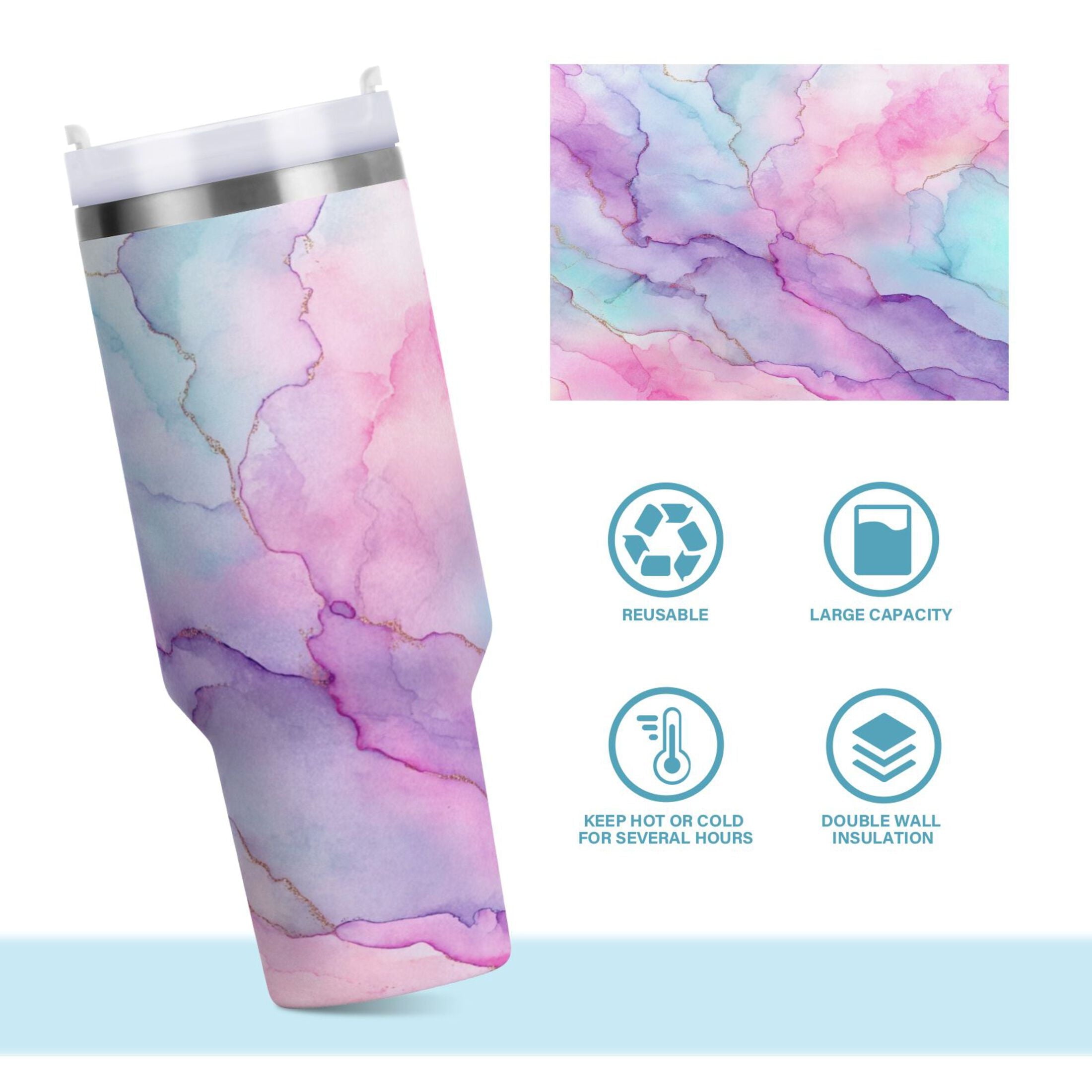 30 oz Insulated Stainless Steel Tumbler Double Wall Stainless Steel Tumbler with 2-Way Drinking Pastel Pink Marble Texture HZMC