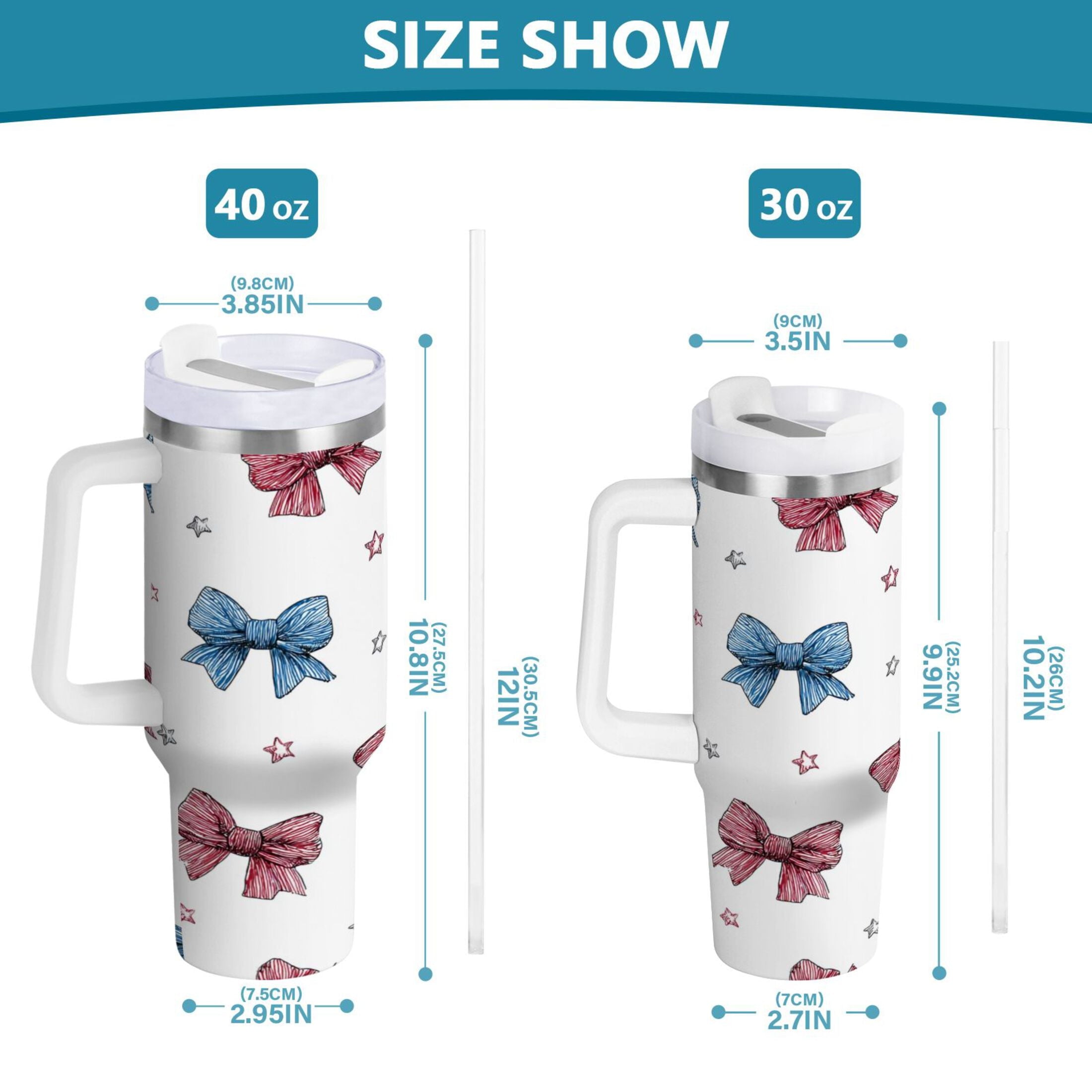 40 oz Insulated Stainless Steel Tumbler Double Wall Stainless Steel Tumbler with 2-Way Drinking Red and Blue Stripes Bows XWL1