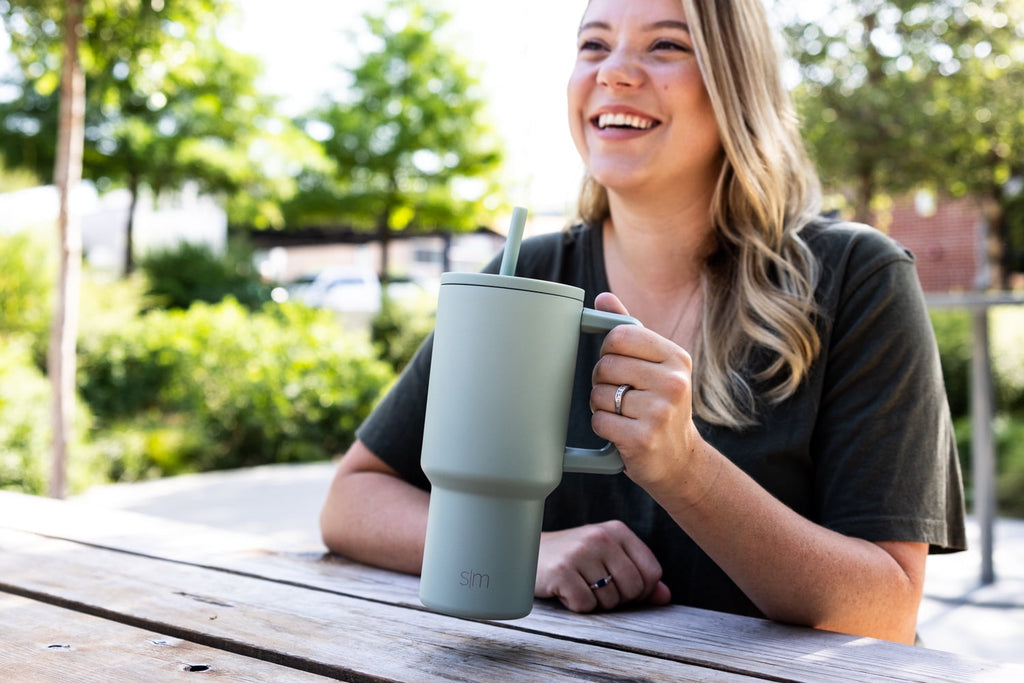 Simple Modern 30 fl oz Insulated Stainless Steel Trek Tumbler with Straw Lid | Seaglass Sage and Cream Checkmate 23VN